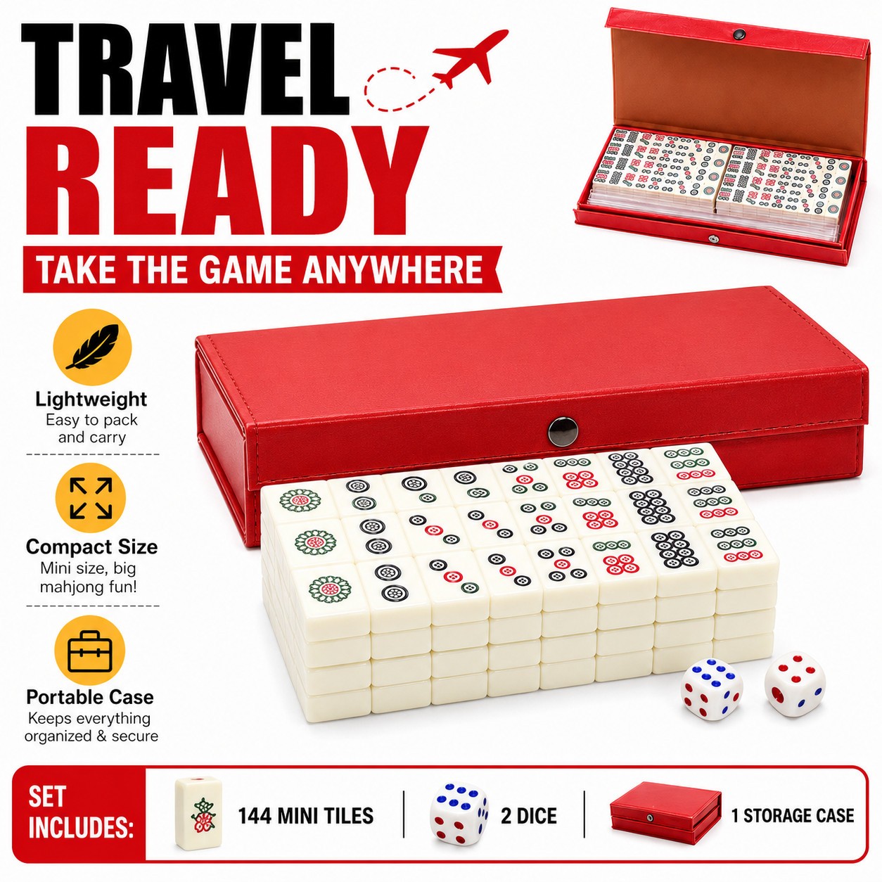Travel Mini Mahjong Set 144 Tiles 2 Dice Red Carry Case Family Tabletop Game Toy
