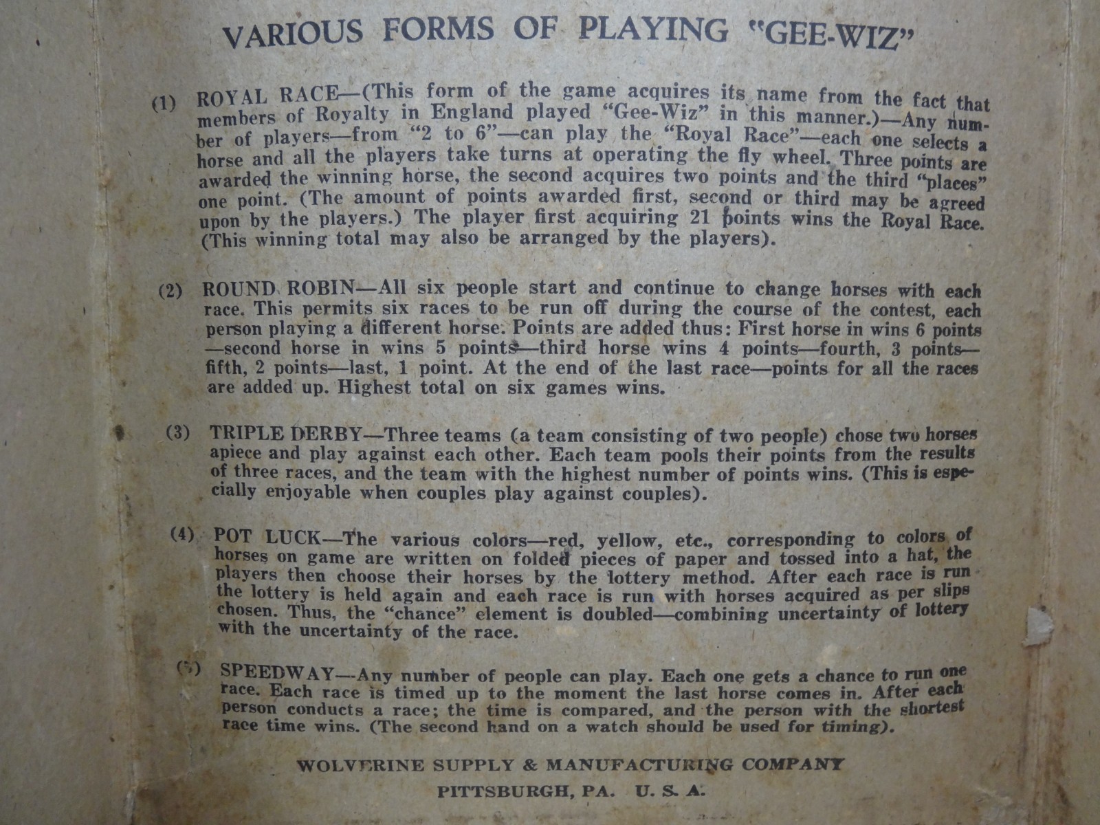 Gee-Wiz No. 40 vintage Horse Racing game Wolverine – working game