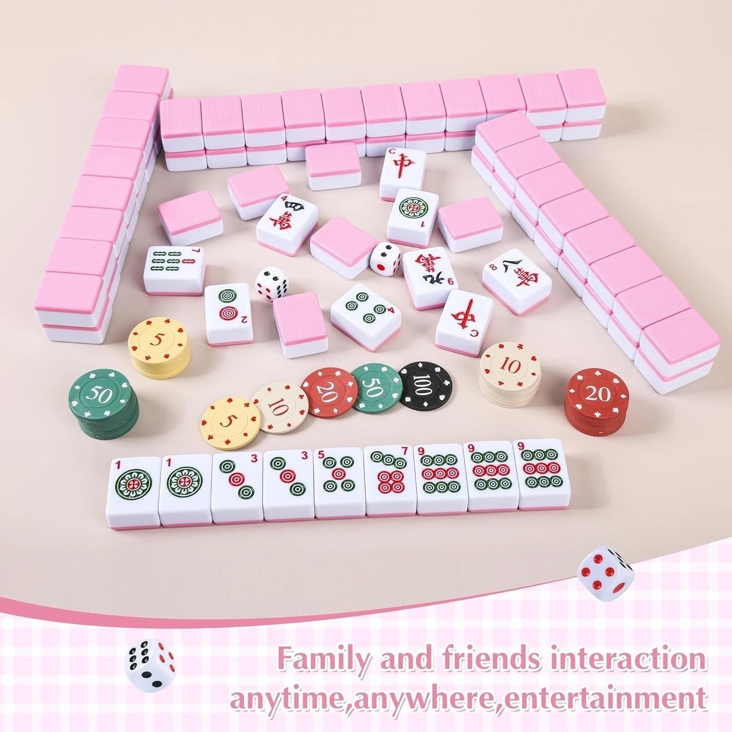 Chinese Mahjong Game Set, 144 Numbered Melamine 1.42″ Size TilesPink and 8 Bl…