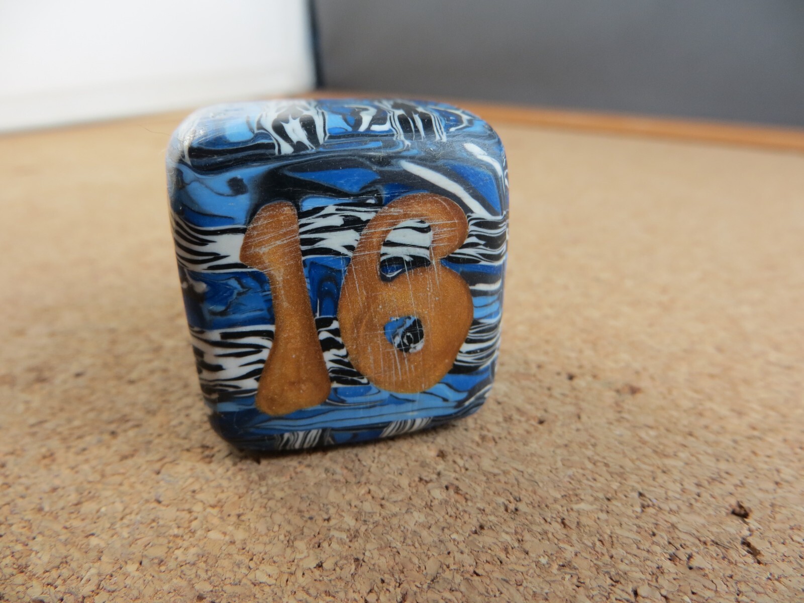 Jena’s Handmade Backgammon Doubling Cube Blue Gold Black Wht One of A Kind #269