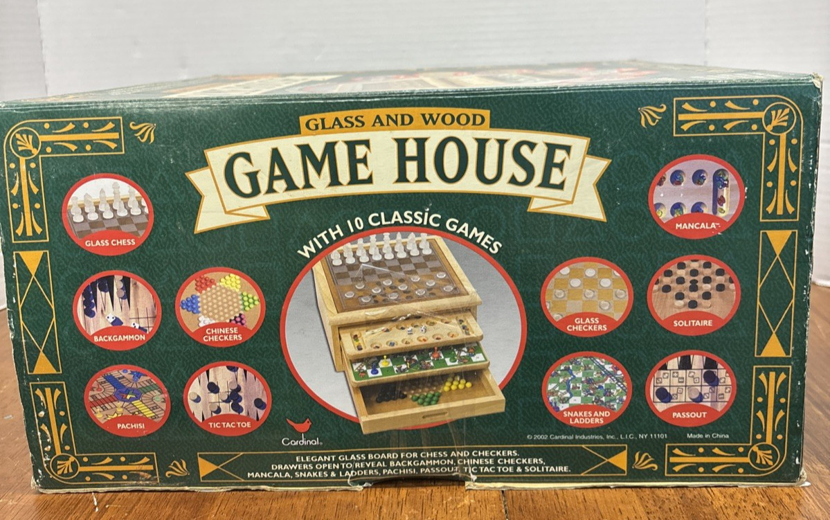 Cardinal 2002 GAME HOUSE 10 Classic Games WOOD Boards & Box Chess Checkers Pachi