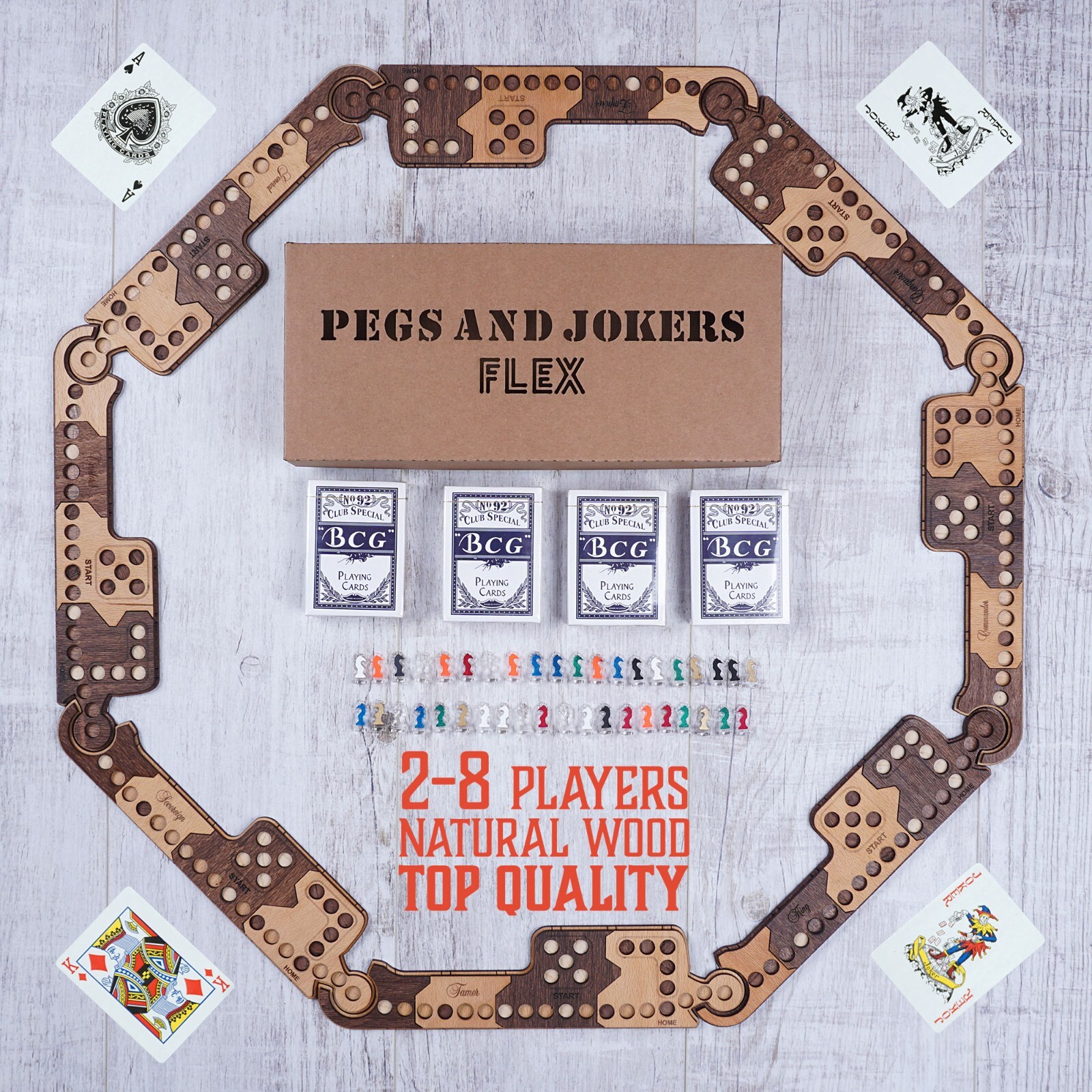 Pegs and Jokers Flex Board Game Set 2 to 8 Players Handcrafted Natural Wood