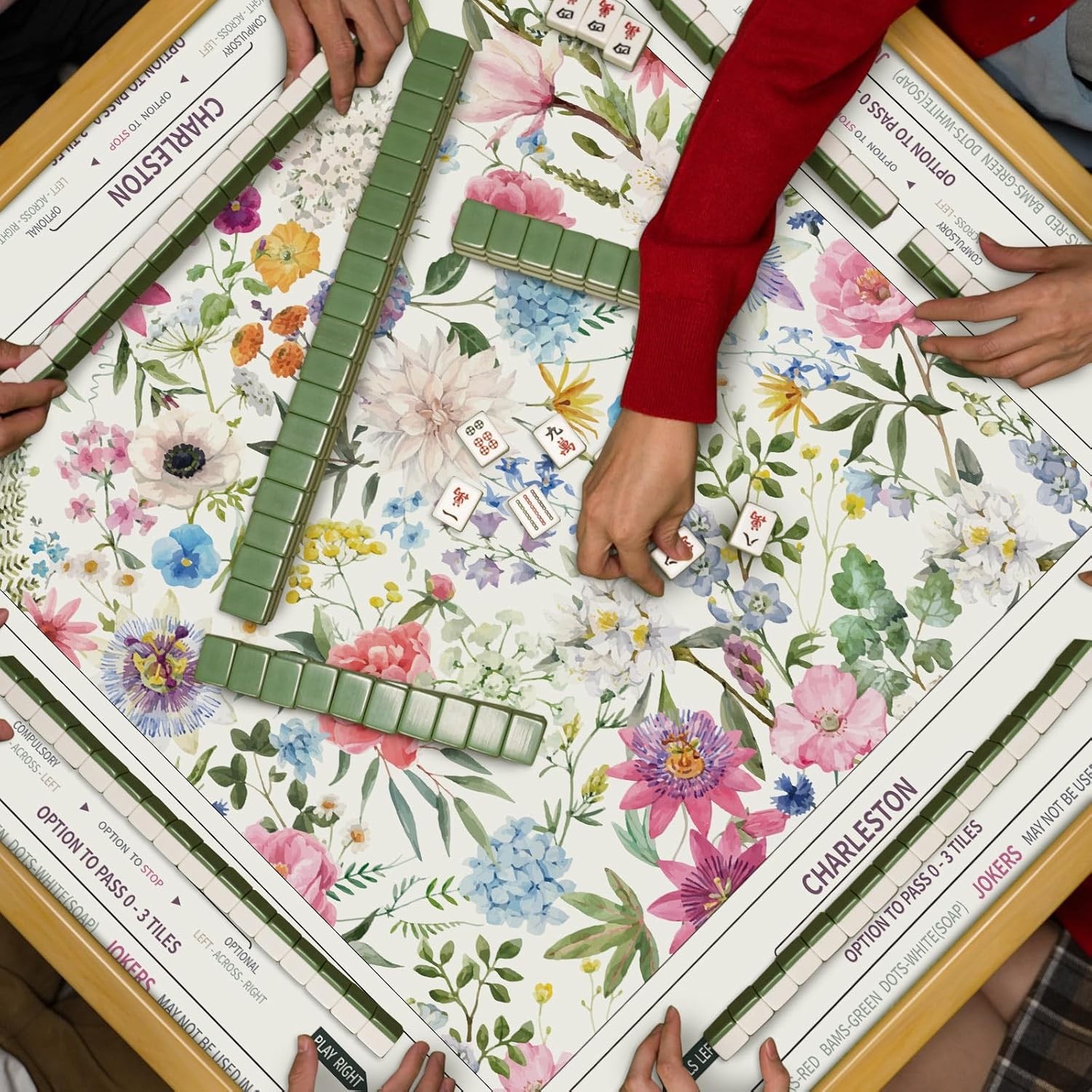 Chinoiserie Mahjong Mat 31.5″ x 31.5″ Colorful Floral Mat Anti Slip & Noise