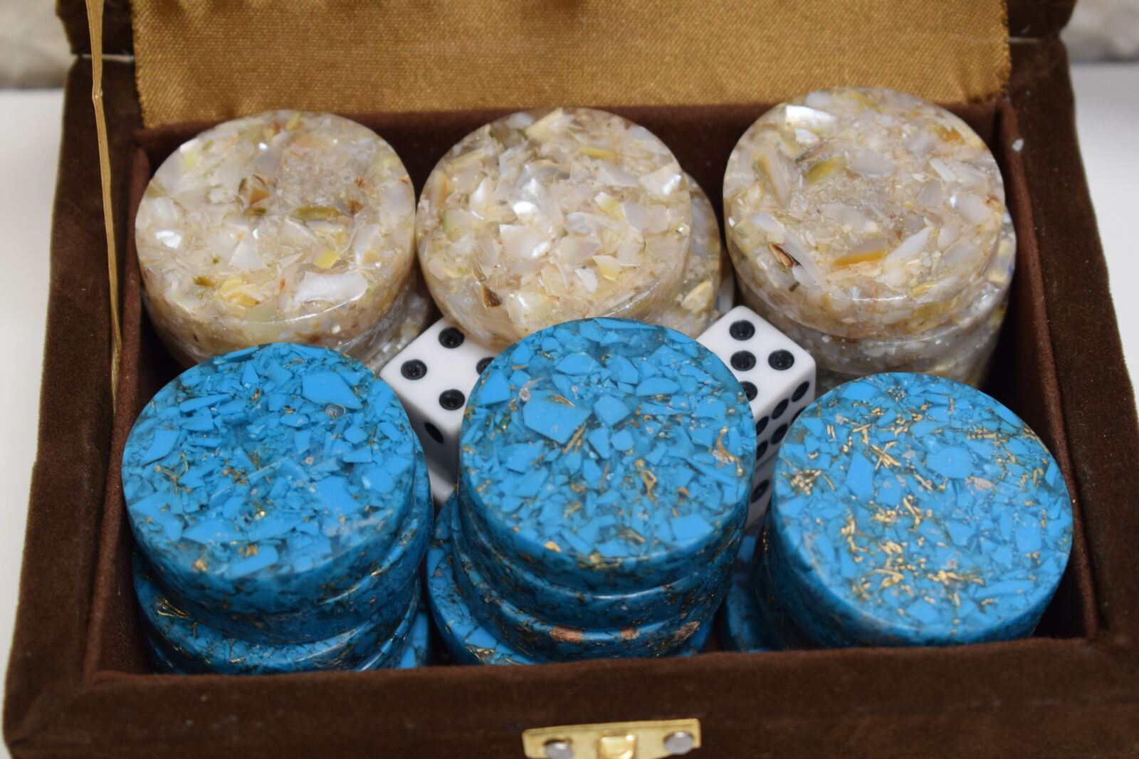 Egyptian Mother of Pearl & Turquoise Inlaid 30 Backgammon Chips, Backgammon Set