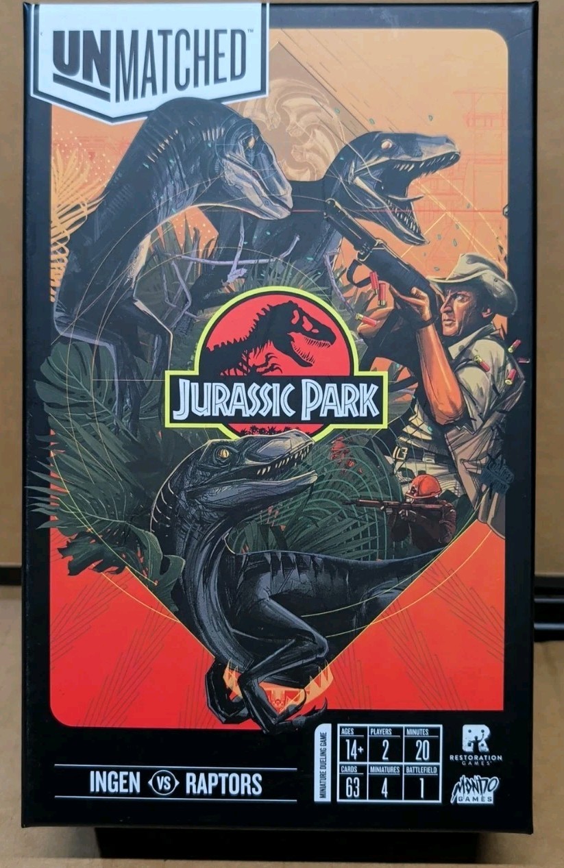 Unmatched Jurassic Park Ingen vs Raptors Board Game Mondo Games COMPLETE