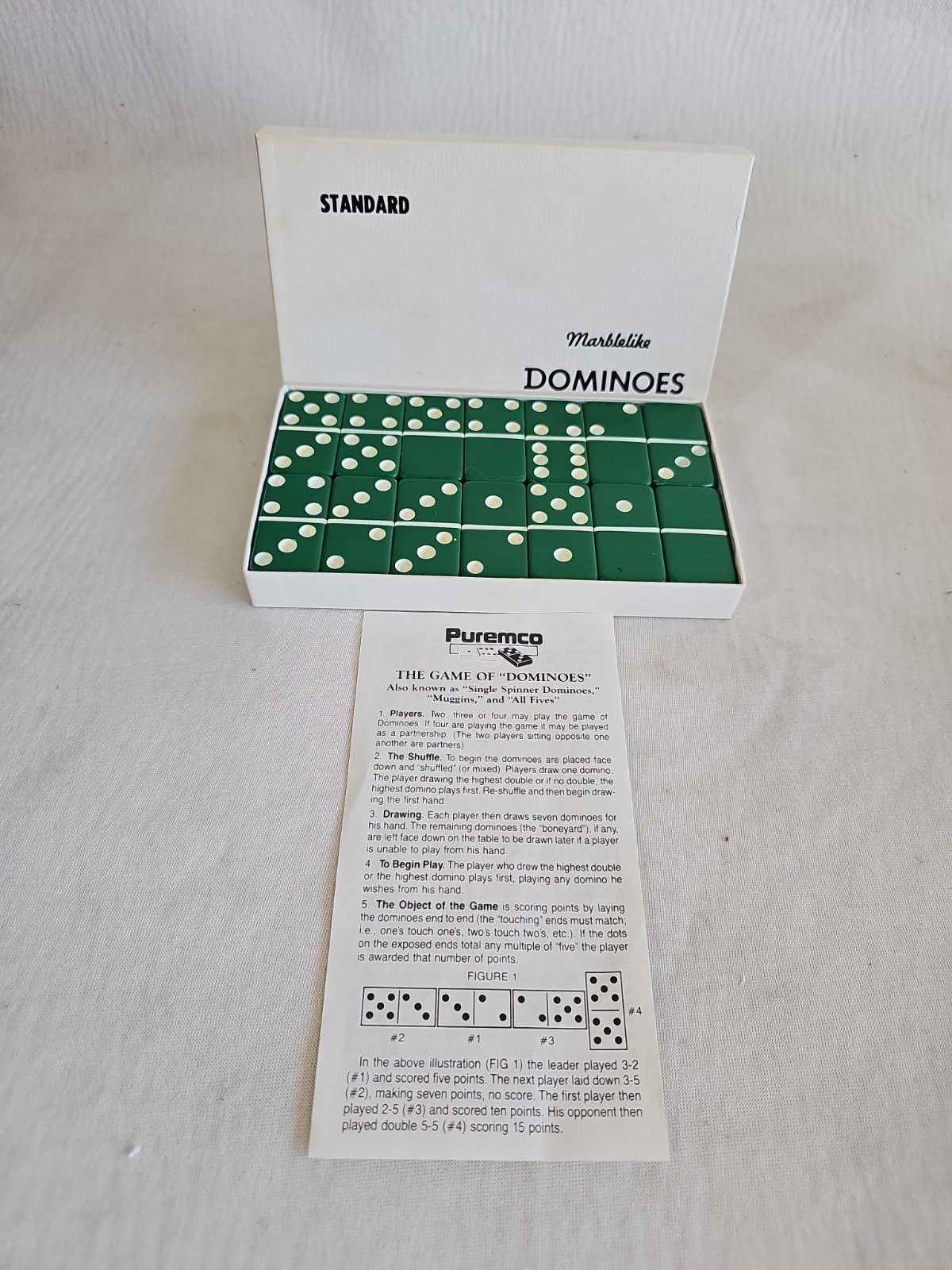 Vintage Puremco #616 Kelly Green Marblelike Dominoes Standard Double 6 Set w/Box
