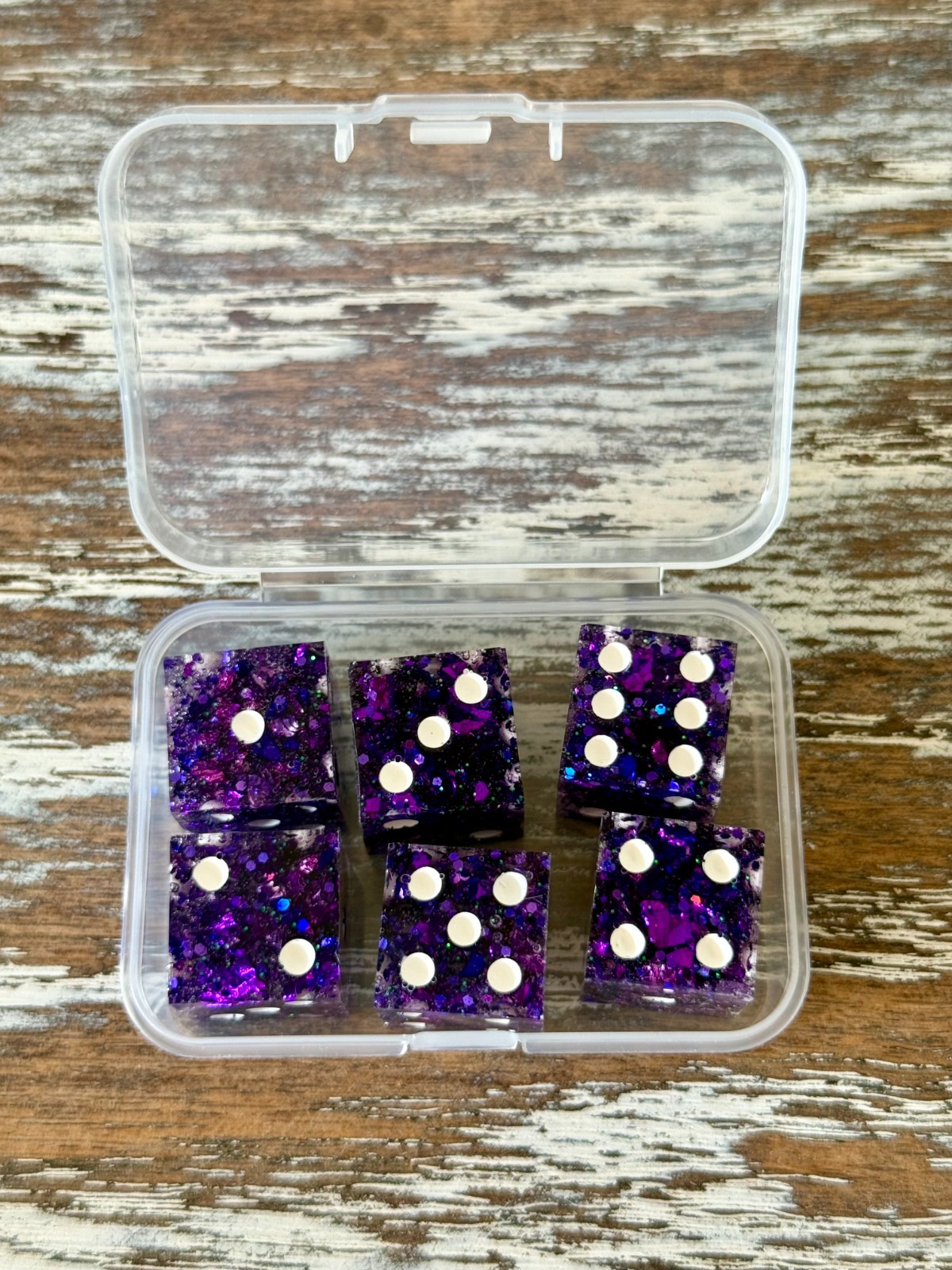Resin Dice Set 6pcs – Violet Galaxy Glitter – Handmade Replacement Dice Games