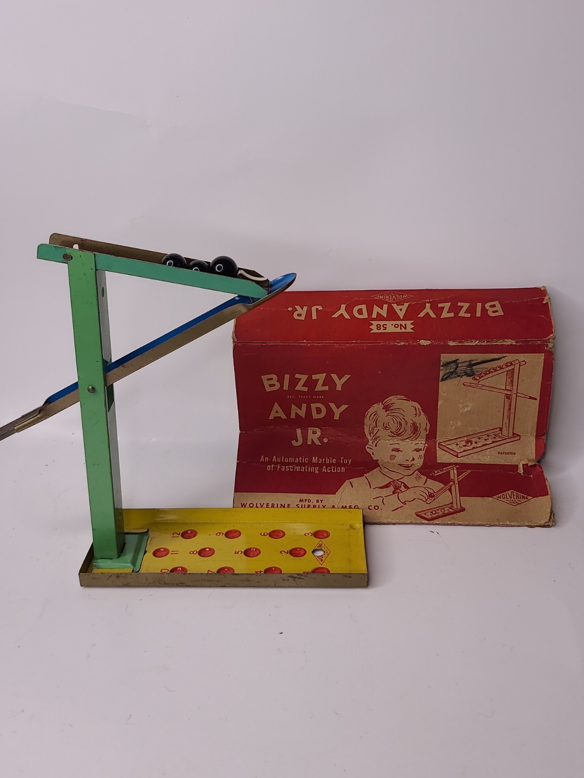 RARE 1920s Wolverine No. 58 Bizzy Andy Jr. Tin Litho Automatic Marble Toy w/Box
