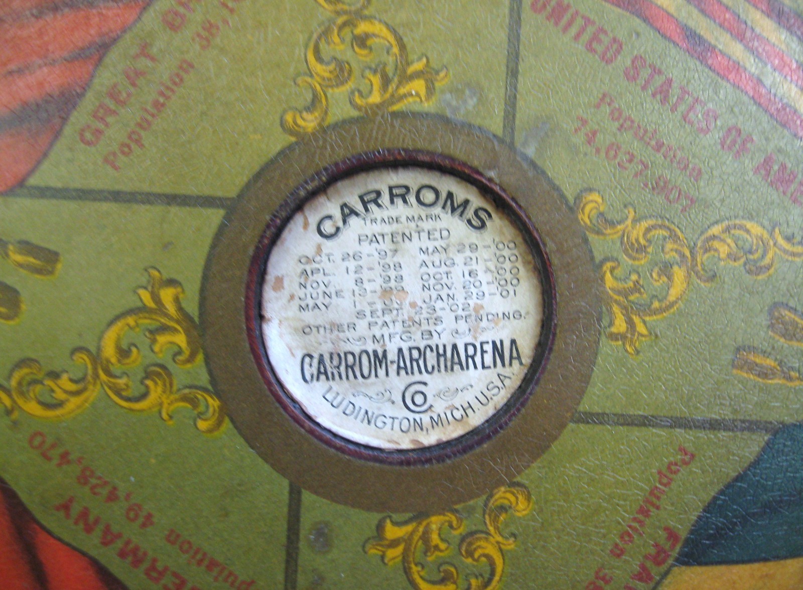 Early 1900’s CARROM-ARCHARENA “FLAGS Of The NATIONS” CROKINOLE / CARROM BOARD #2