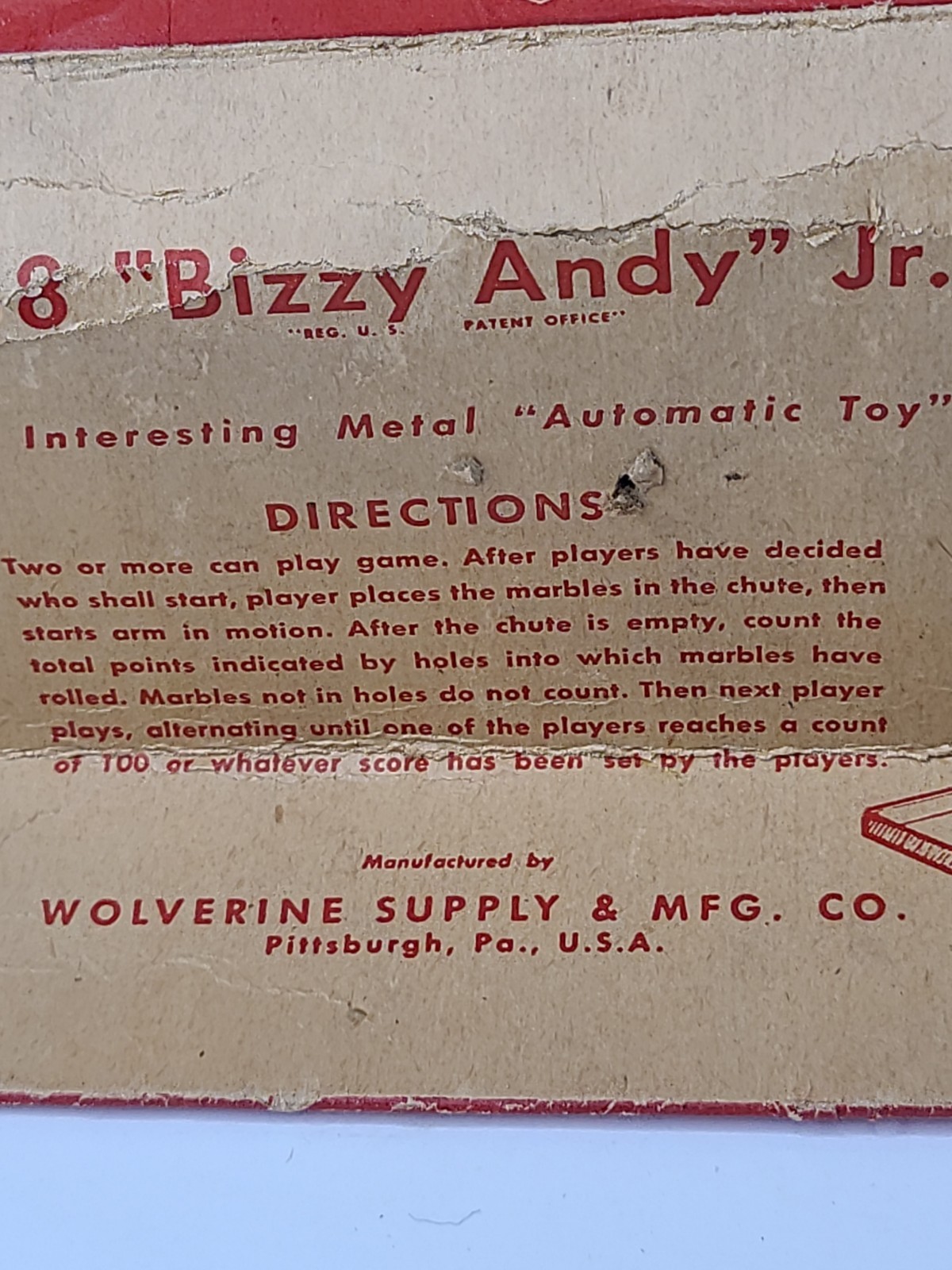 RARE 1920s Wolverine No. 58 Bizzy Andy Jr. Tin Litho Automatic Marble Toy w/Box