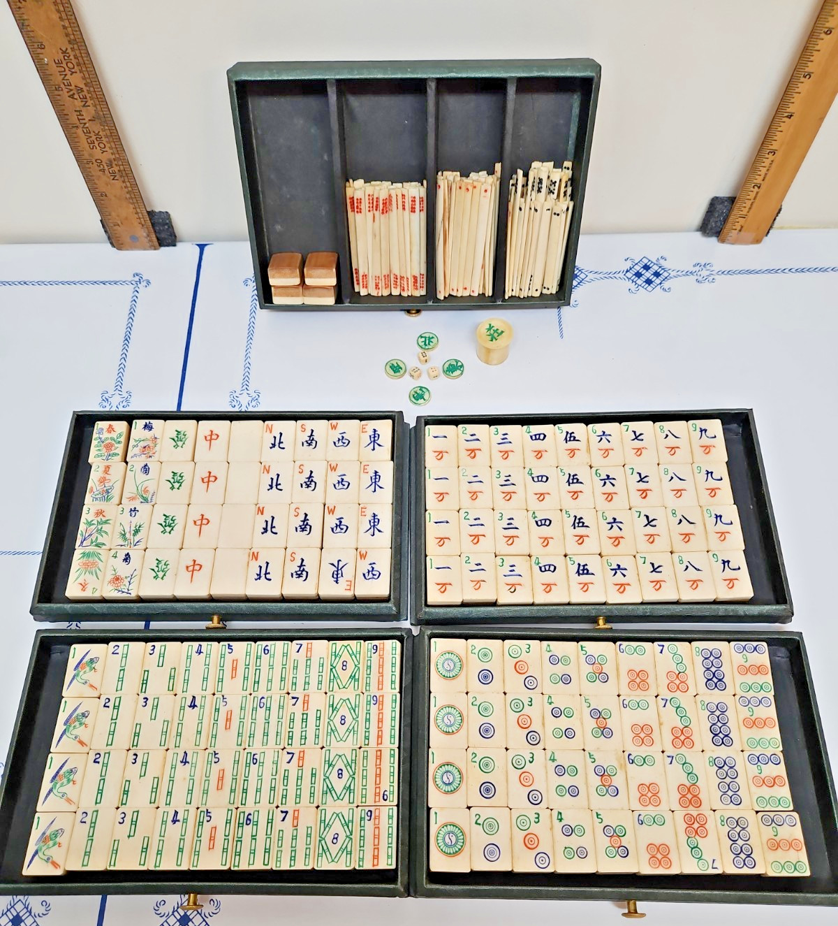 MAHJONG SET. With Beautiful Bone and Bamboo Tiles in Ornate Case W/Book Antique