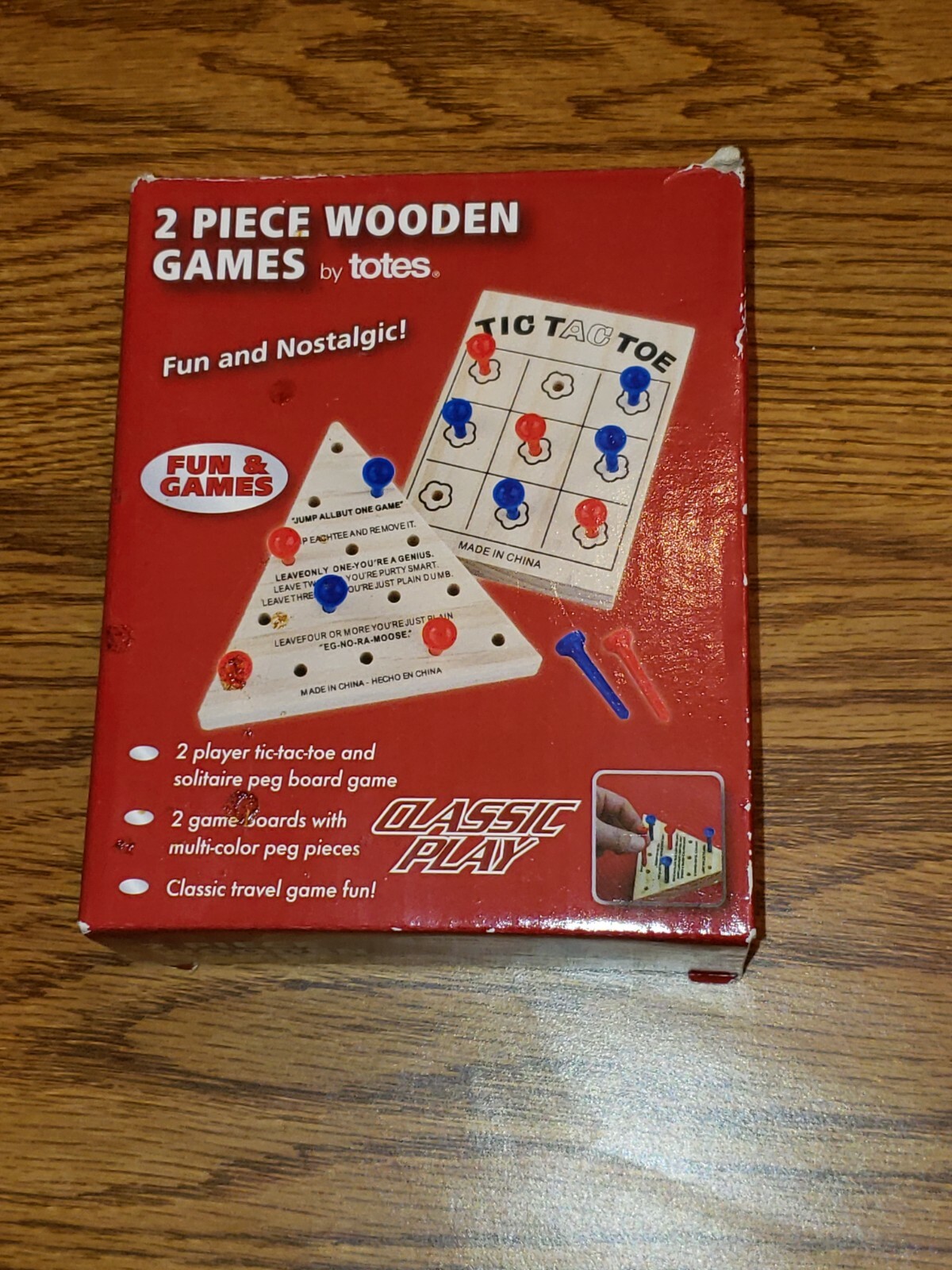 Totes 2 Piece Wooden Games Tic-Tac-Toe & Solitaire Mini Travel Peg Board Game