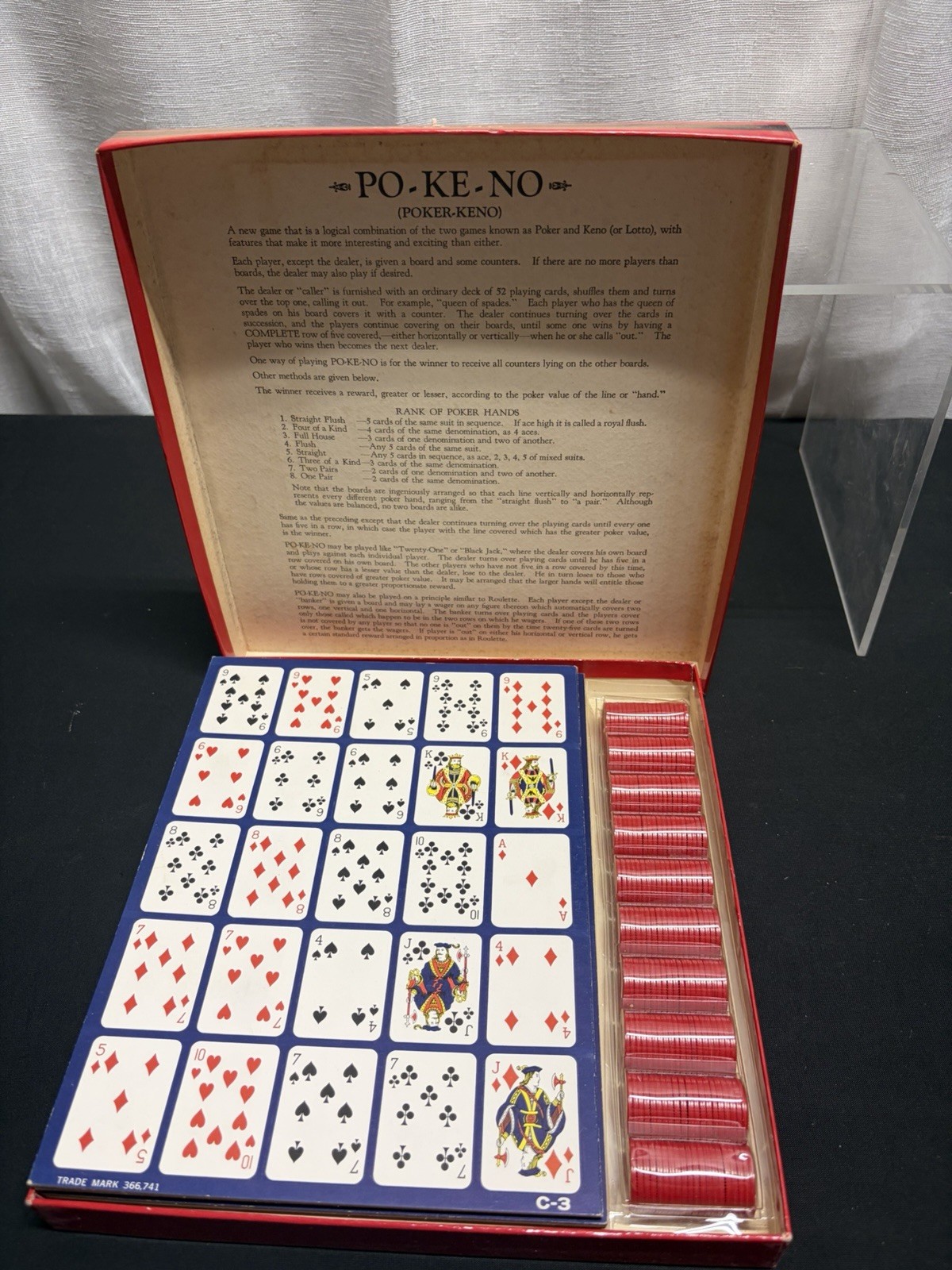 US Playing Card Co Po-Ke-No Poker-Keno Vintage Board Game 12 Board Set Red Chips