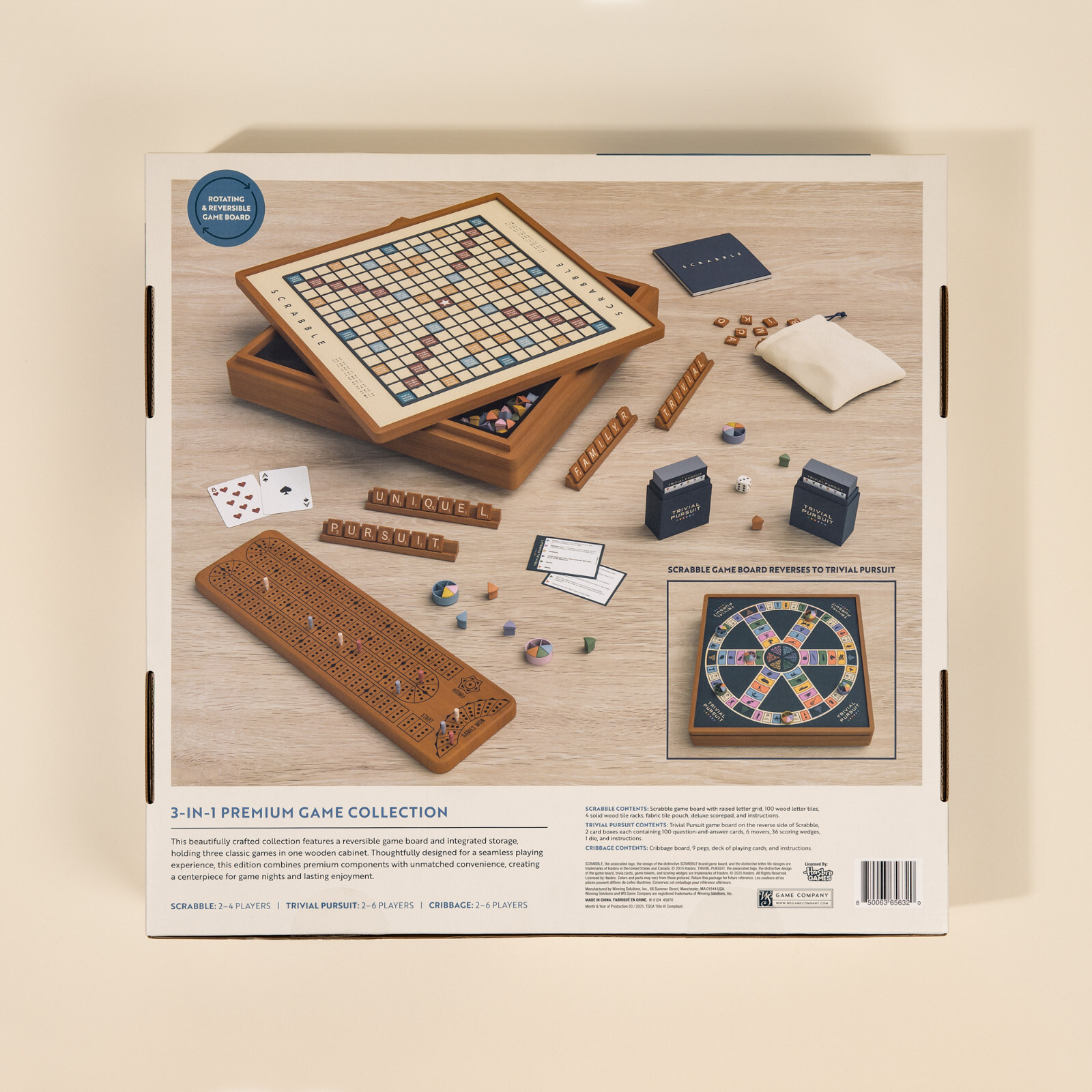 WS Game Co. 3-in-1 Premium Game Collection: Scrabble, Trivial Pursuit, Cribbage
