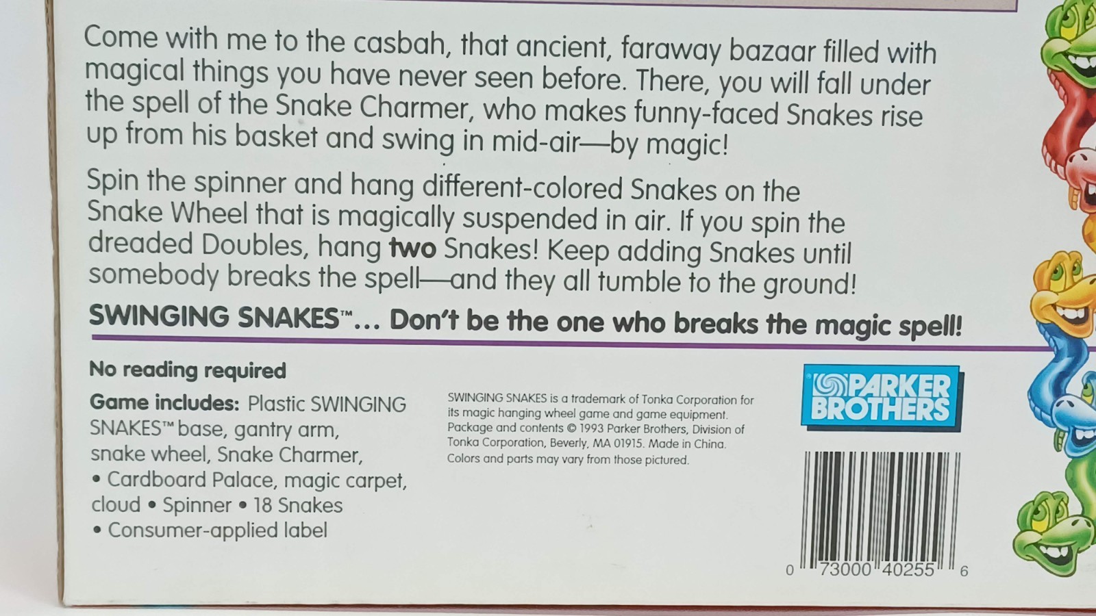 SWINGING SNAKES 1993 Vintage Parker Brothers Board Game (1 Red Snake Missing +)