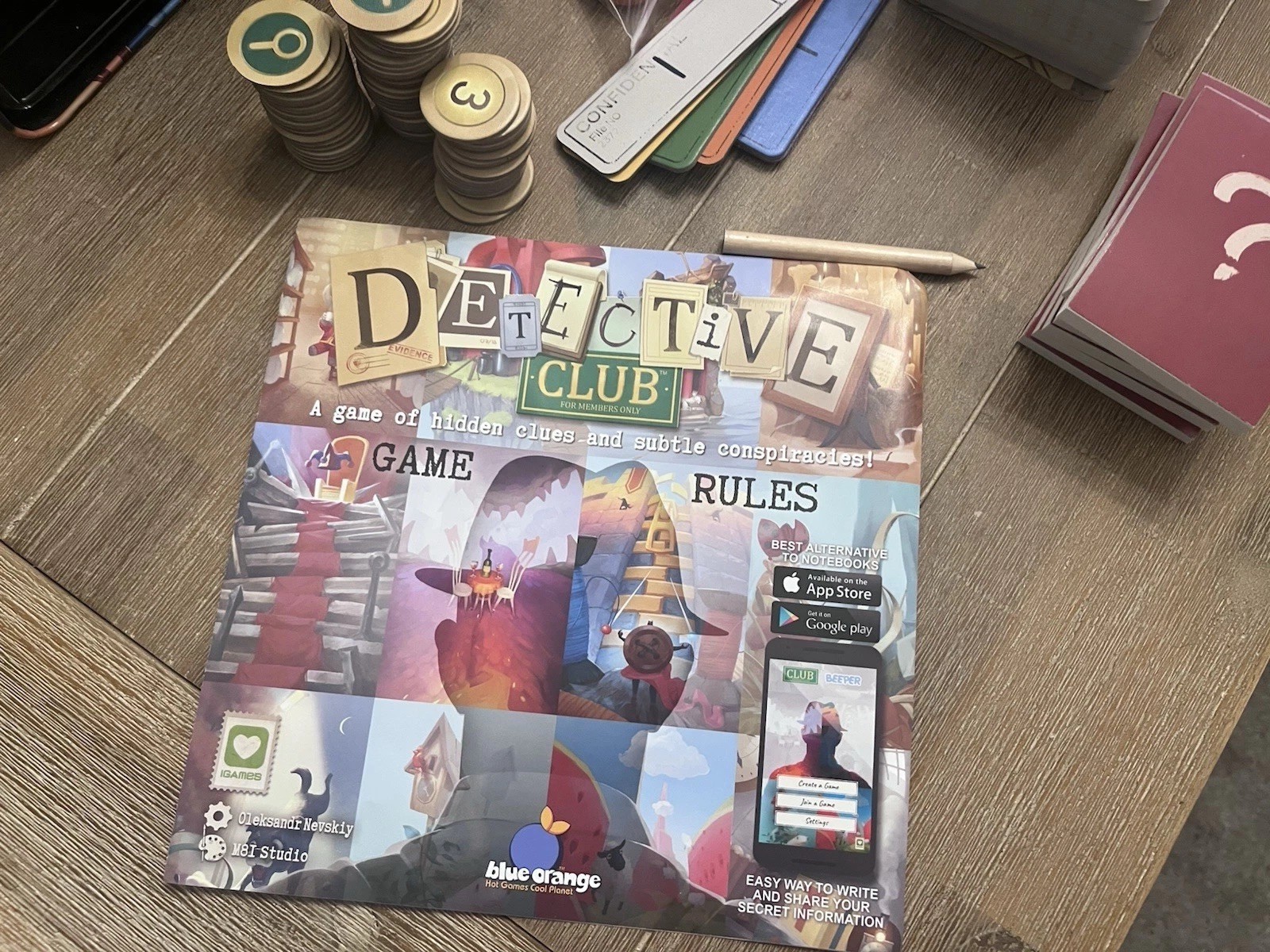 Detective Club 100 %COMPLETE Blue Orange Social Deduction Board Game Metal Tin