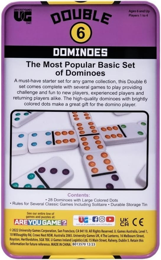 Double 6 Travel Tin Domino Set from, for 1 to 4 Players Ages 6 and up