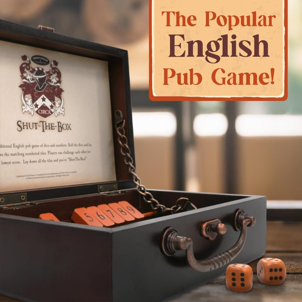 , Circa Shut the Box, Wooden 9 Number Dice Game with Case for Travel, for Adults