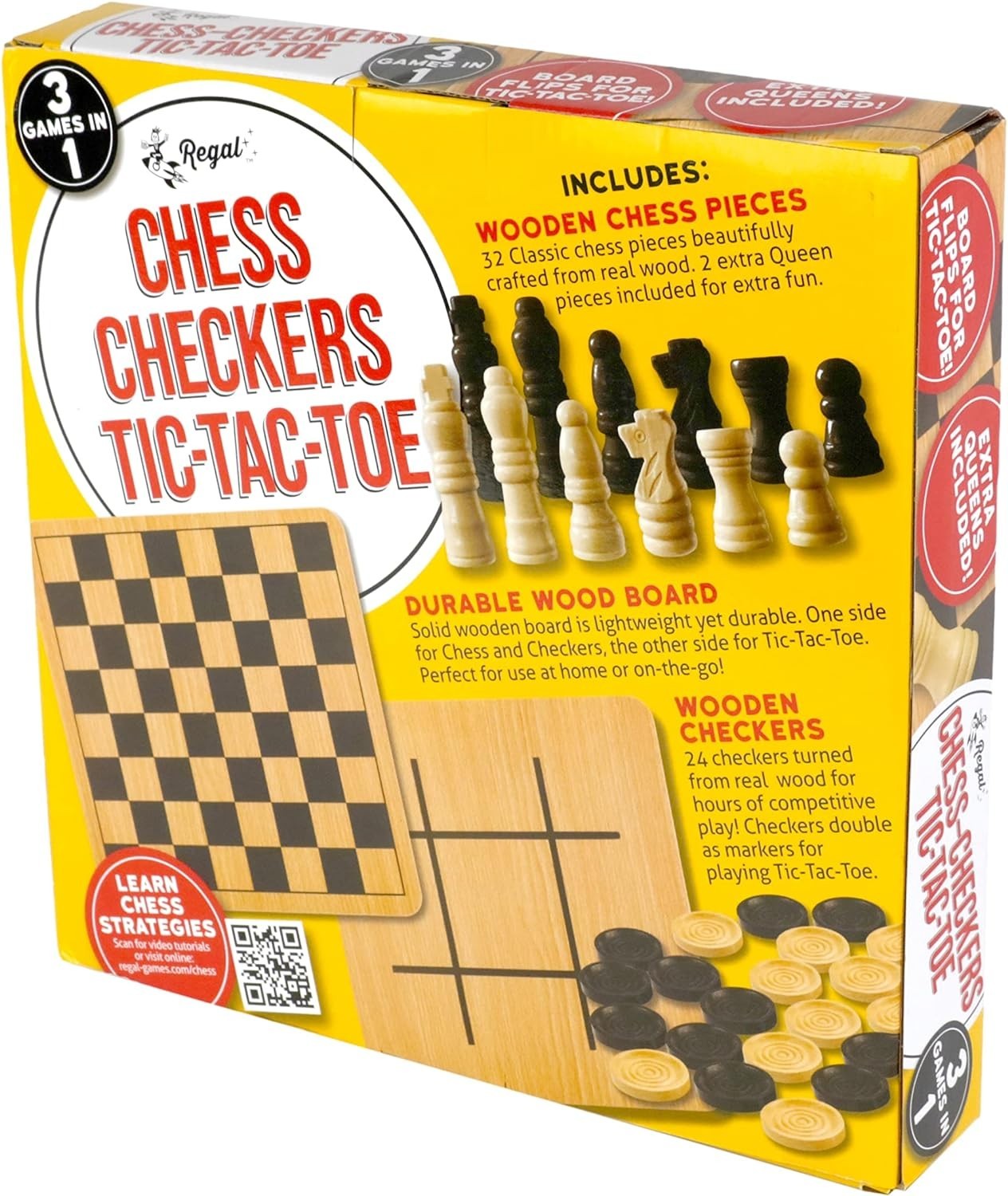 Durable Reversible Board Game Set – Chess, Checkers & Tic-Tac-Toe for Family Fun