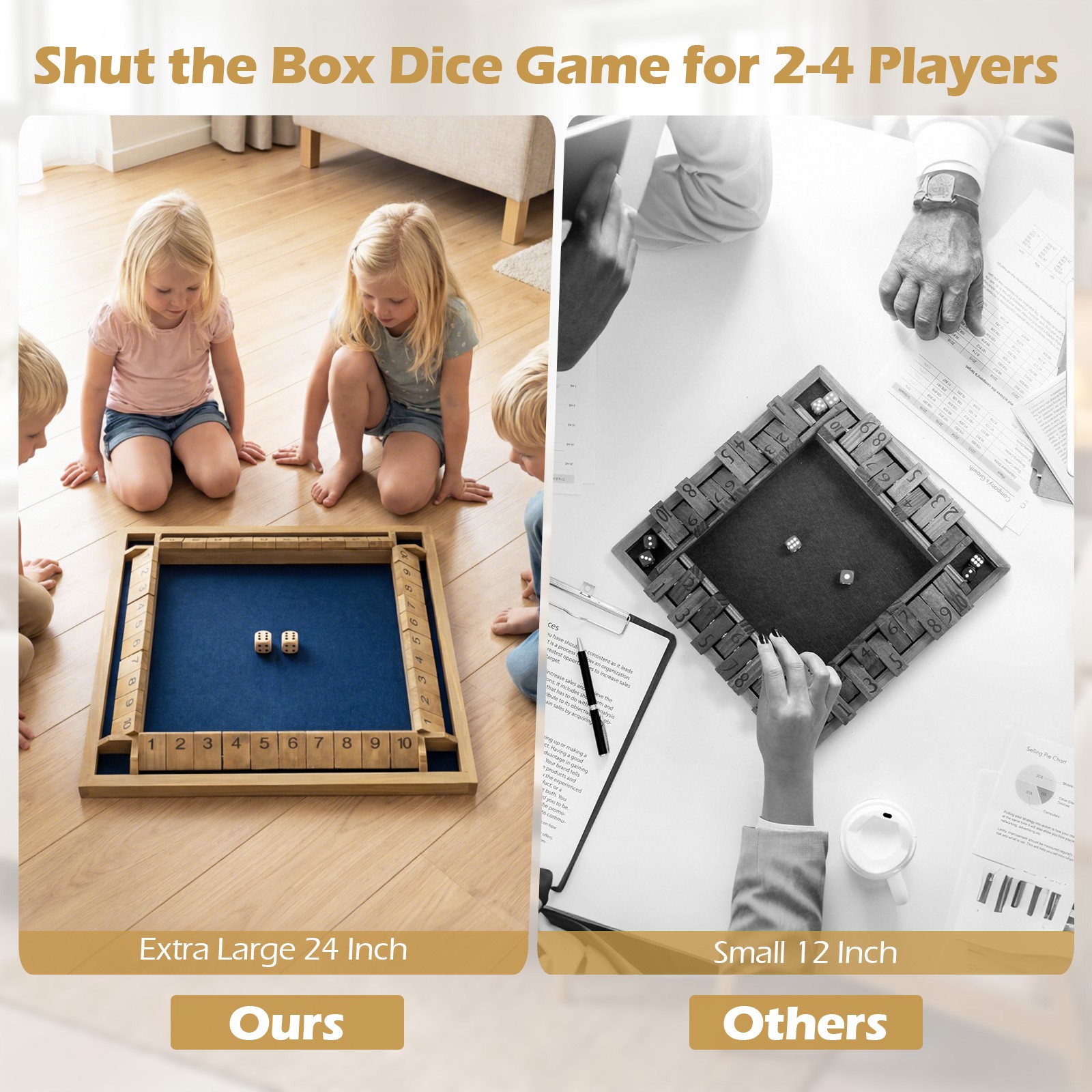 Shut The Box Game for 2-4 Players, 24 Inch Extra-Large Wooden Board w/10 Numbers