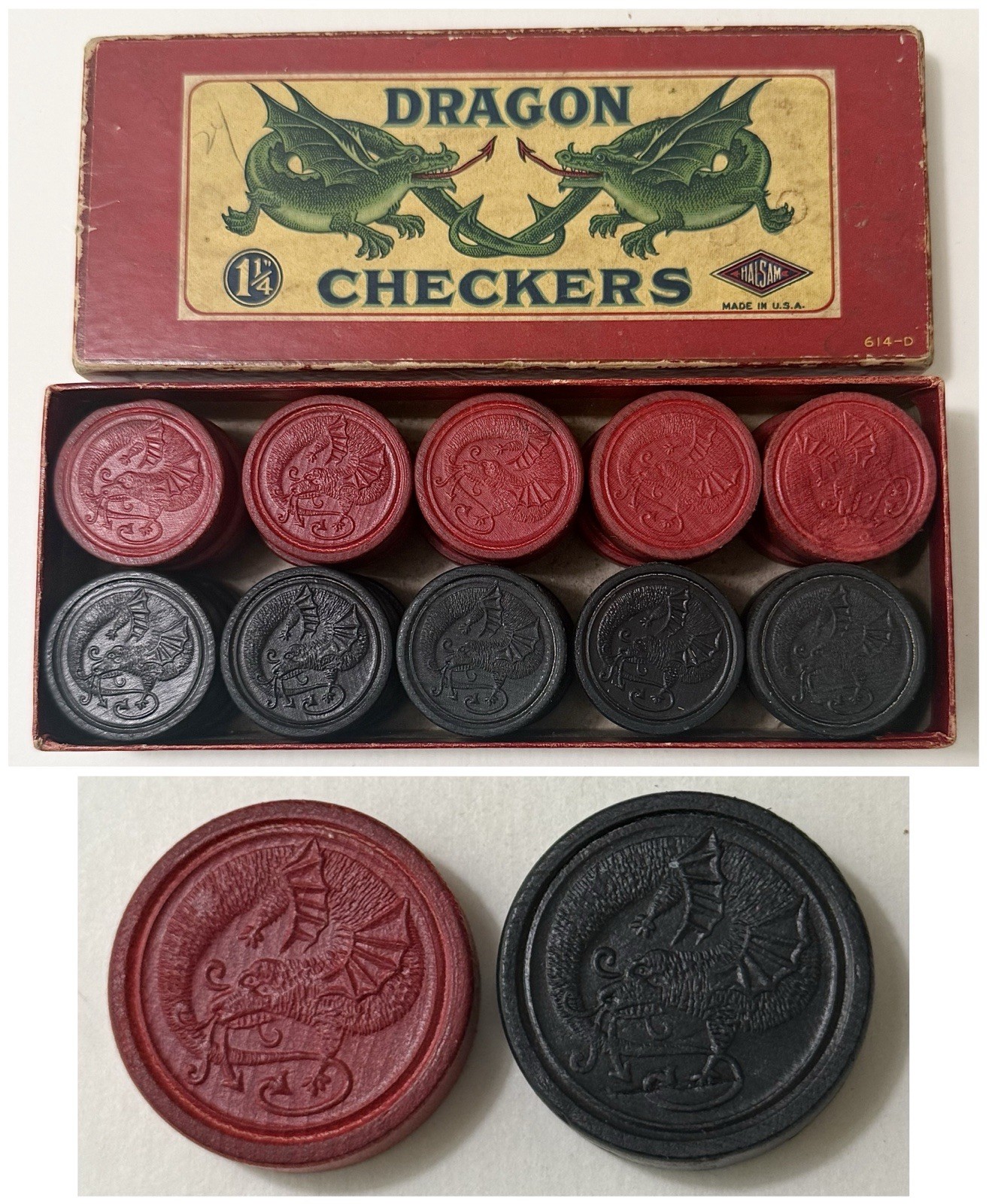 Vintage 1950s HALSAM Wooden Embossed DRAGON Checkers Set No. 614-D Original Box