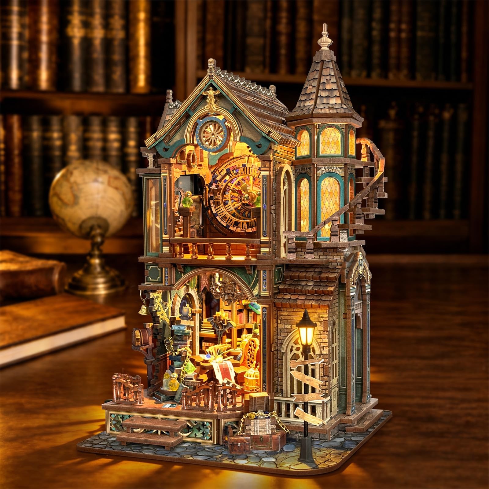 Book Nook Kit Magic Clock Tower 3D Wooden Puzzle LED Lights LORENOOK Adults Home