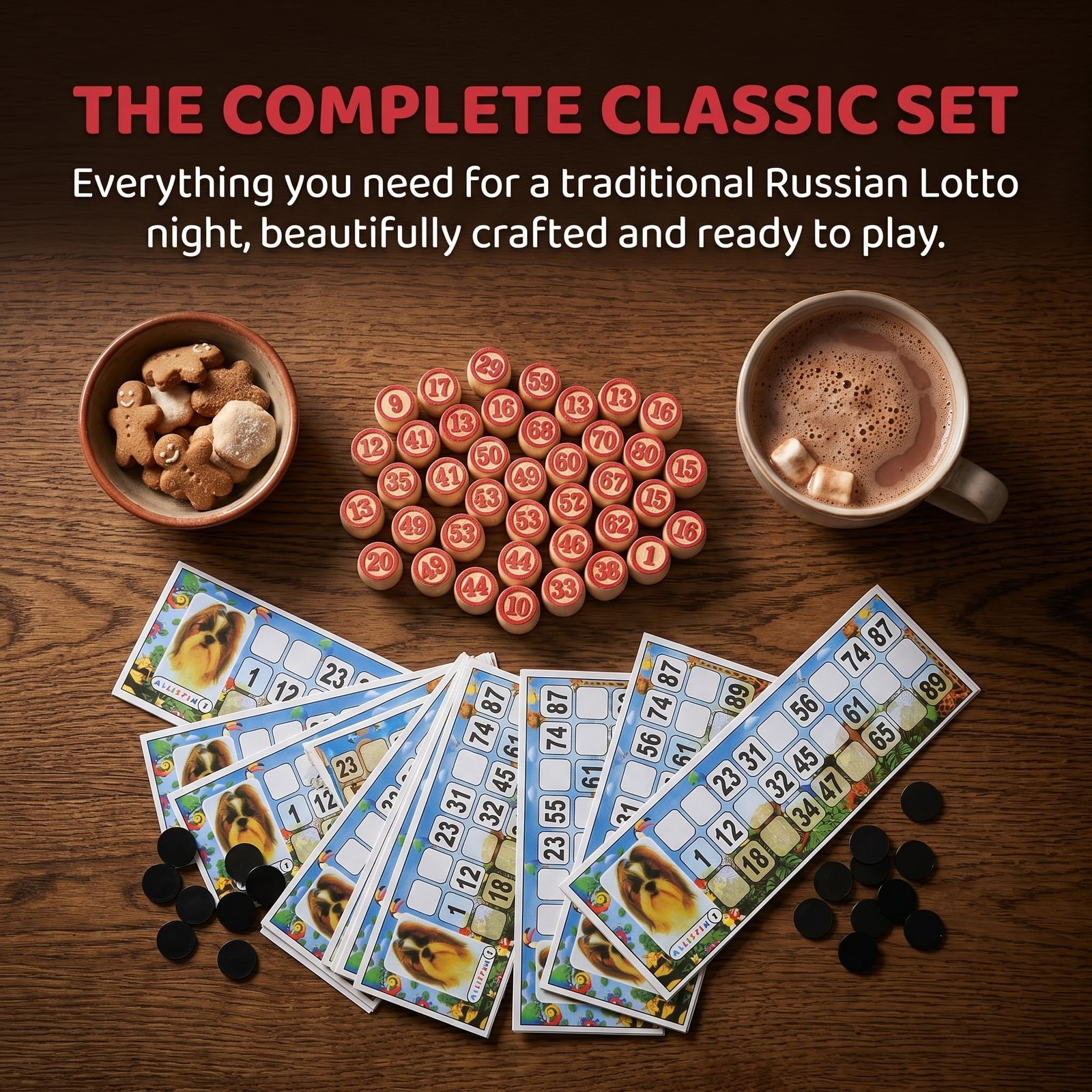 Russian Lotto Game Wooden Bingo Set with Numbers 1–90 Traditional Russian Bin…