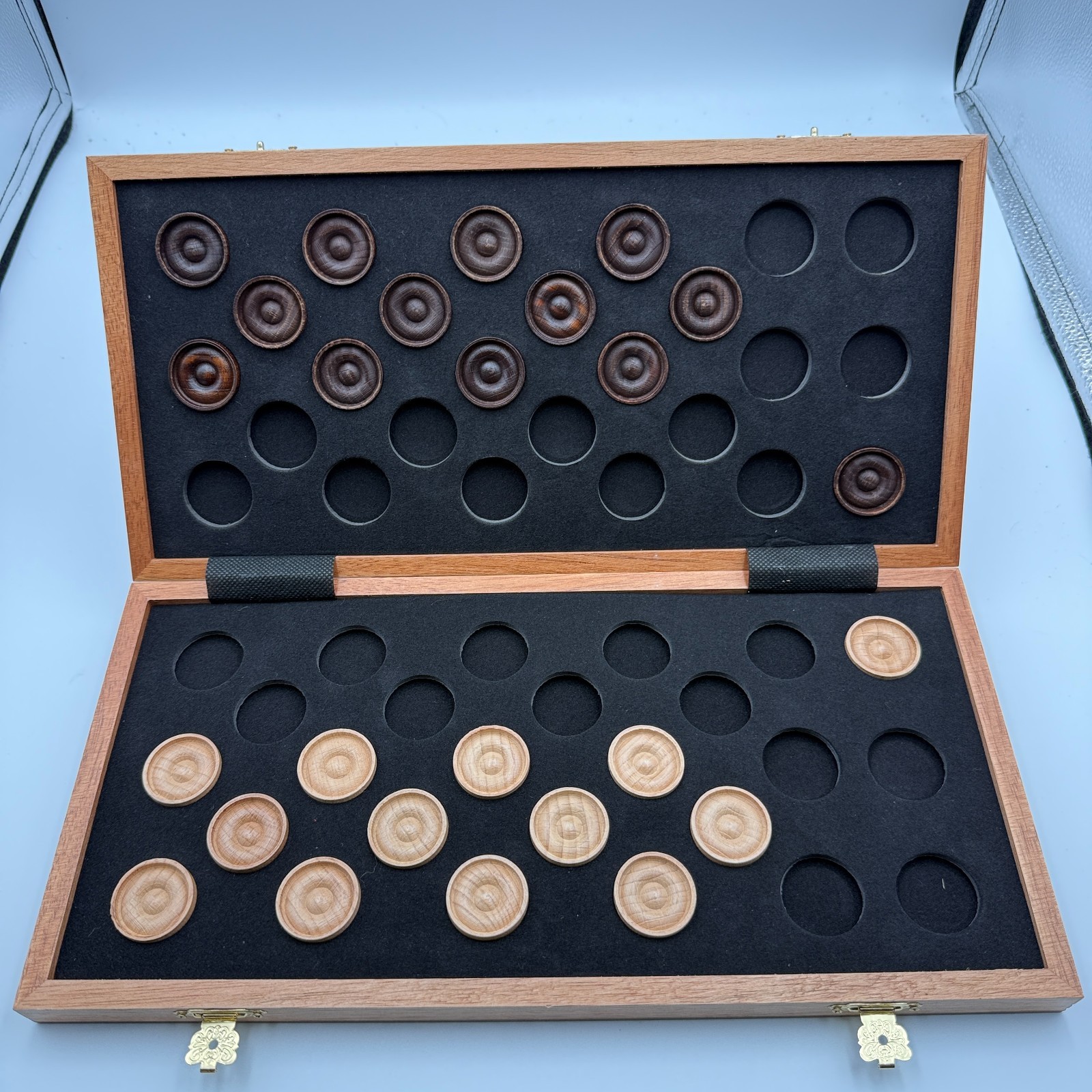 Wooden Folding Checkers Game Board Set w/ Wood Pieces & Storage Case 18″