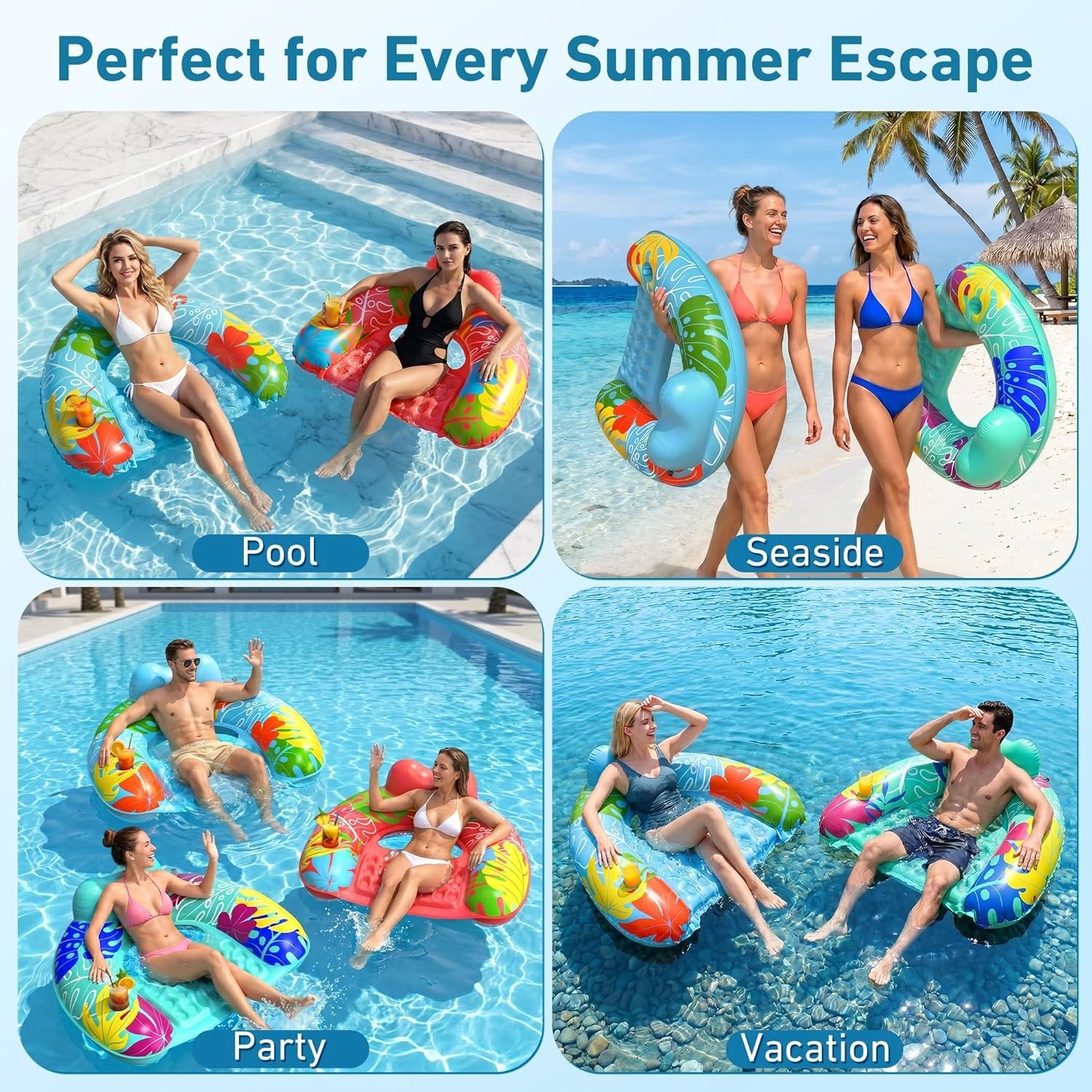 Pool Float Chair 3 Pack Inflatable Cup Holder Blue Green Pink Floats Adult Lake