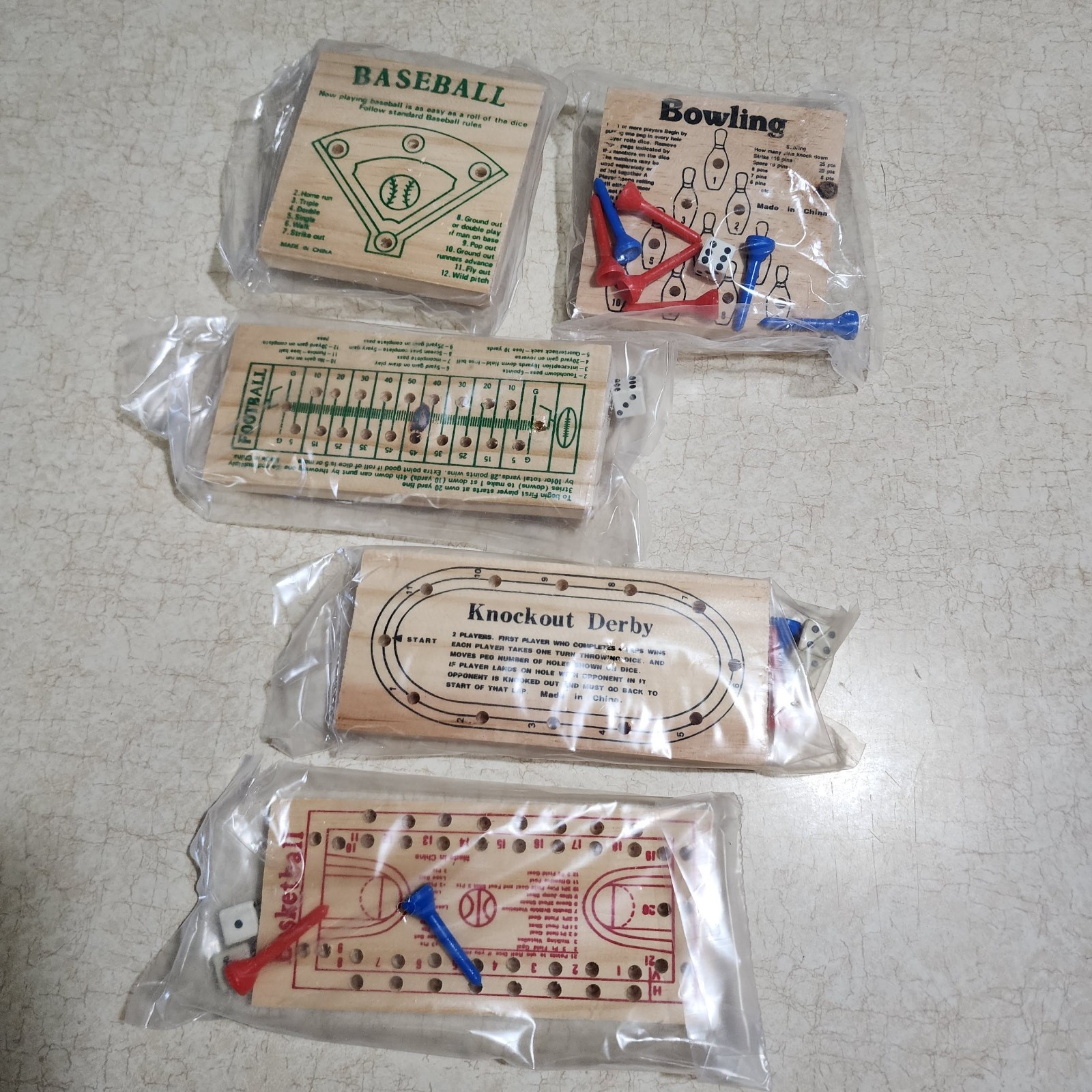 Sports Wood Dice & Peg Games: Baseball Football Bowling Derby Basketball Sealed