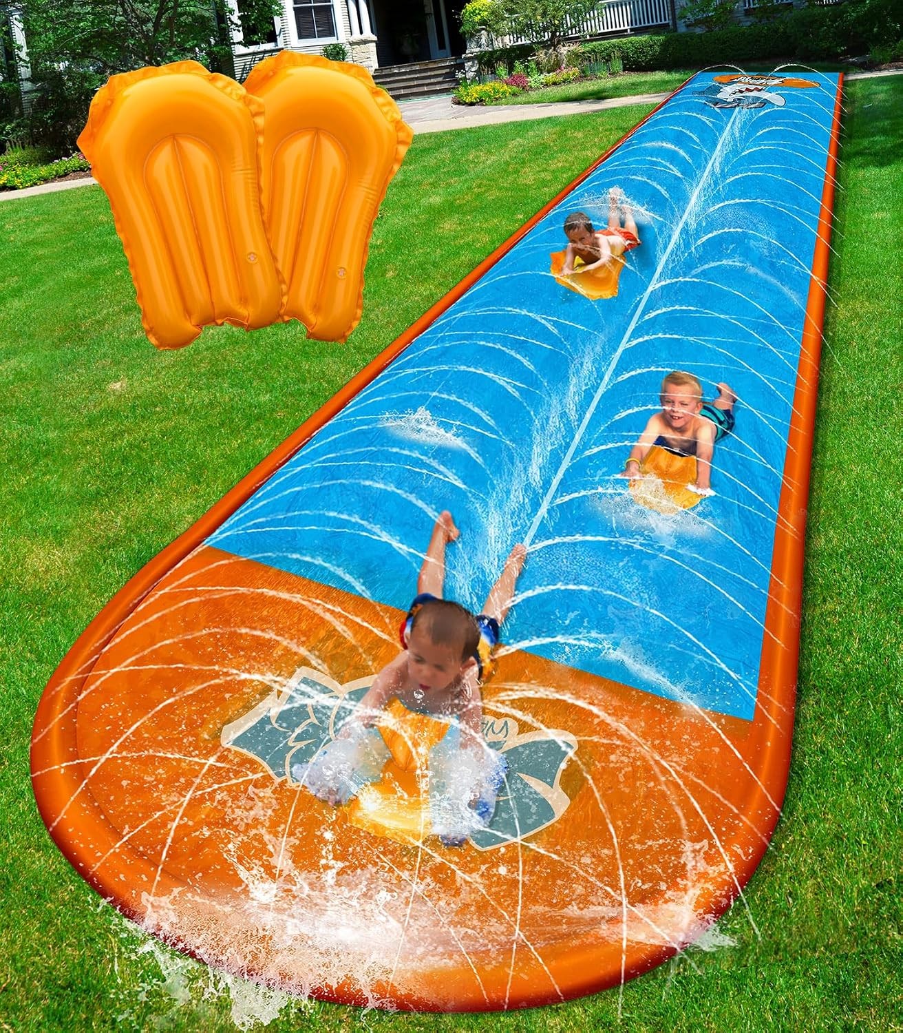 Water Slide 32ft Double Lane Blue Slip Sprinkler Inflatable Bodyboards Kids