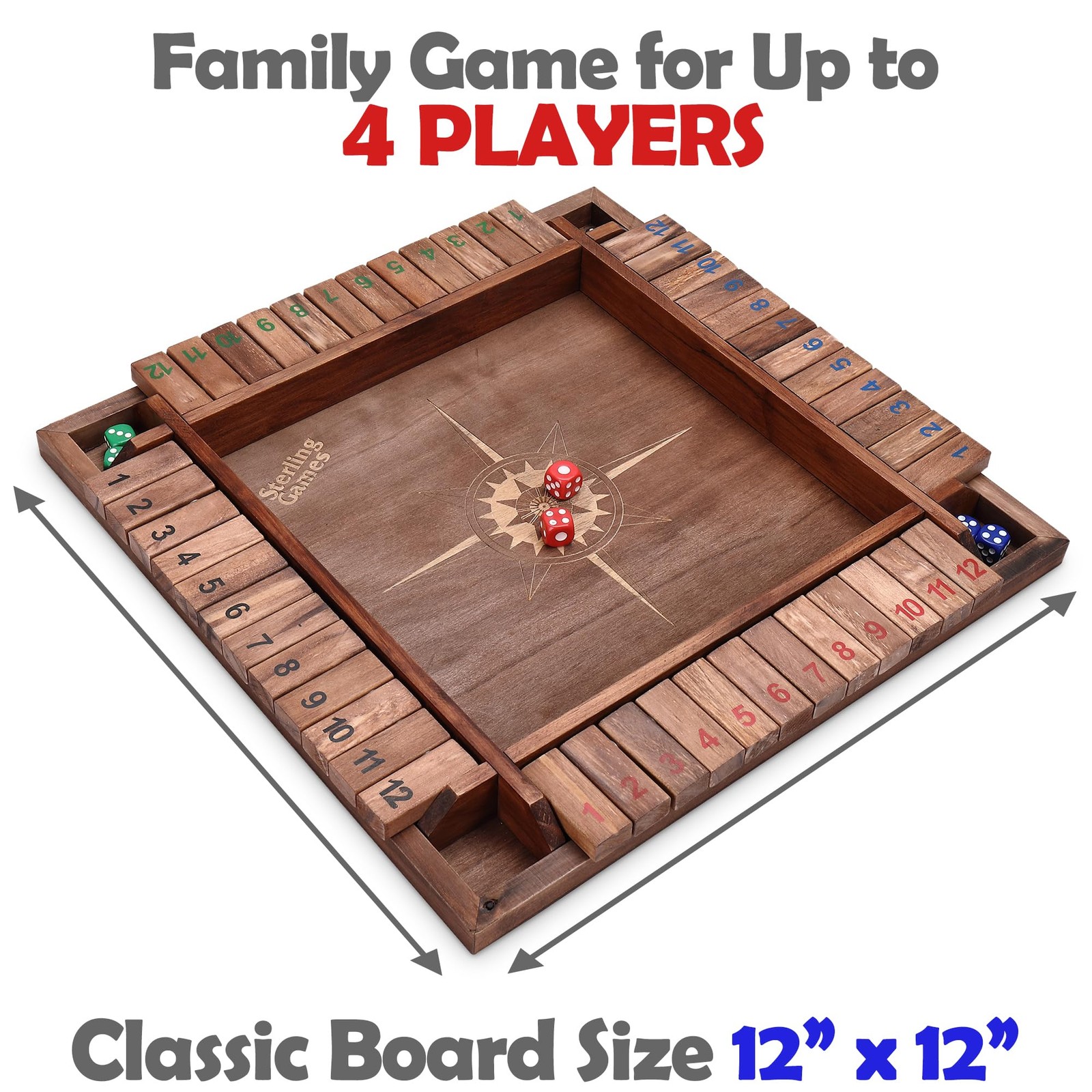 Sterling Games 12 Inches Shut The Box Game for 4 Players, Family Dice Game wi…
