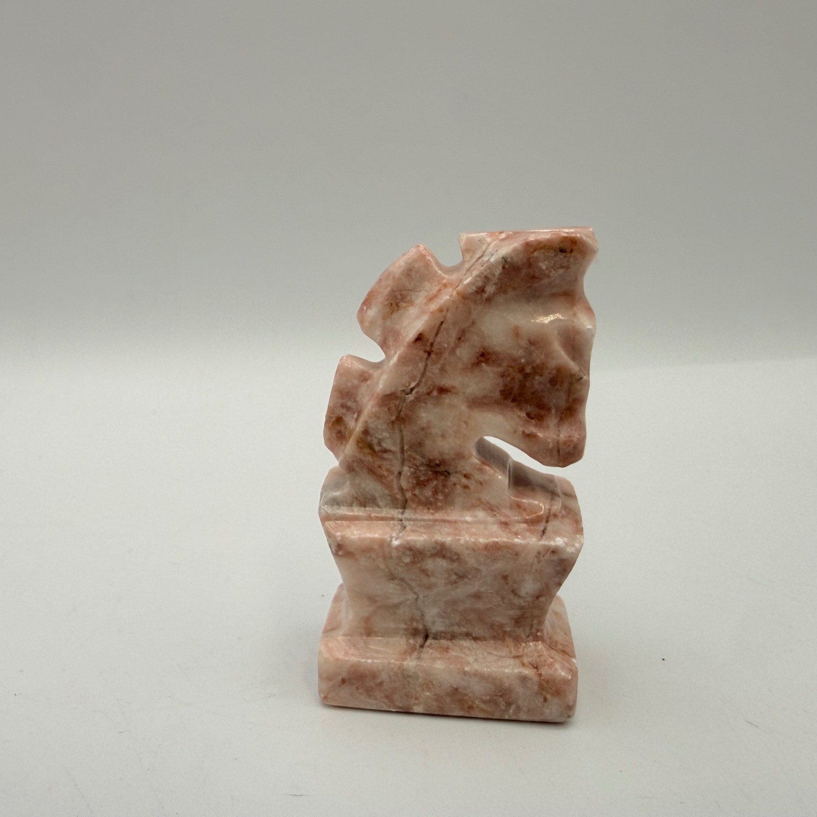 Vintage Pink Soapstone Knight Chess Piece Hand Carved Marbled Stone Figurine
