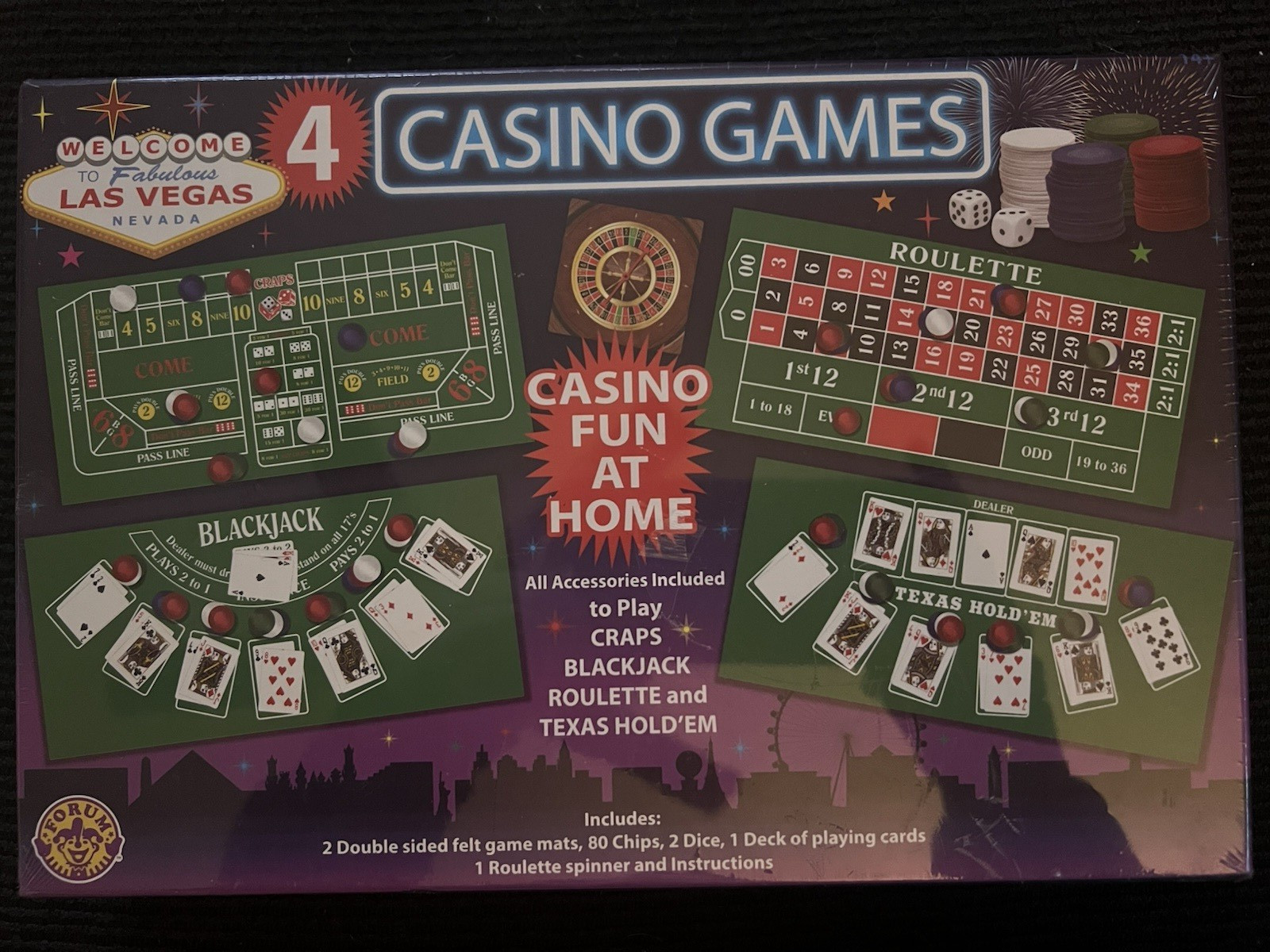 Front Porch Classics 4 Casino Games Set w/ 2 Felt Mats & Roulette Spinner