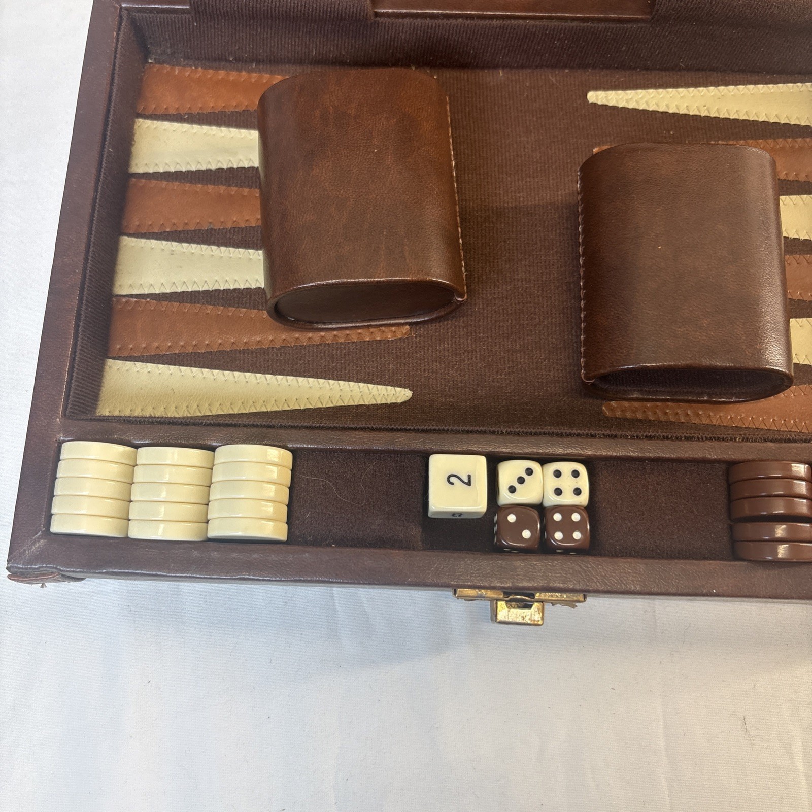 Vintage Travel Backgammon Set 10.5 X 7.5 Brown Faux Leather COMPLETE SET