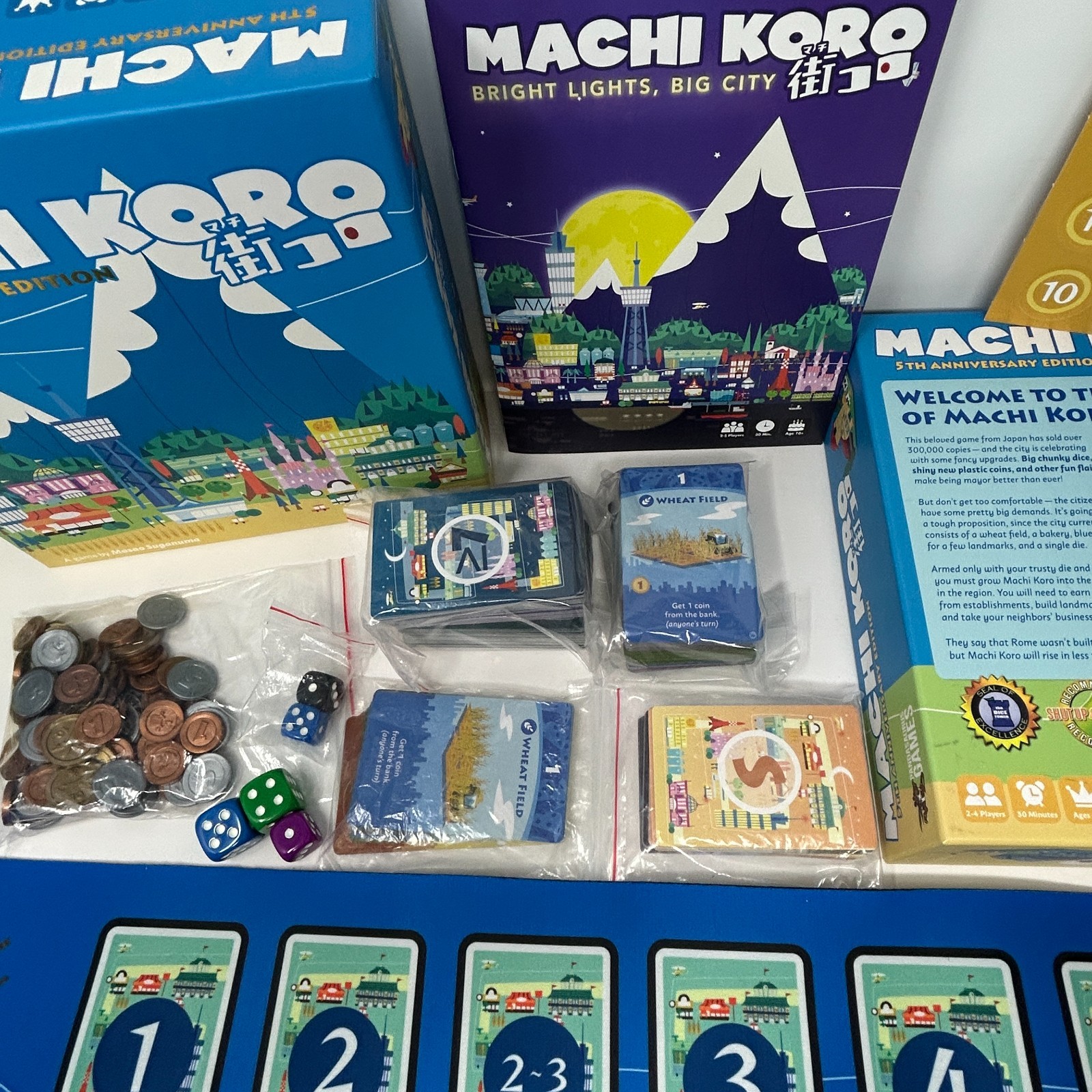 MACHI KORO &Neoprene Playmat &BRIGHT LIGHTS BIG CITY deluxe coins expansion