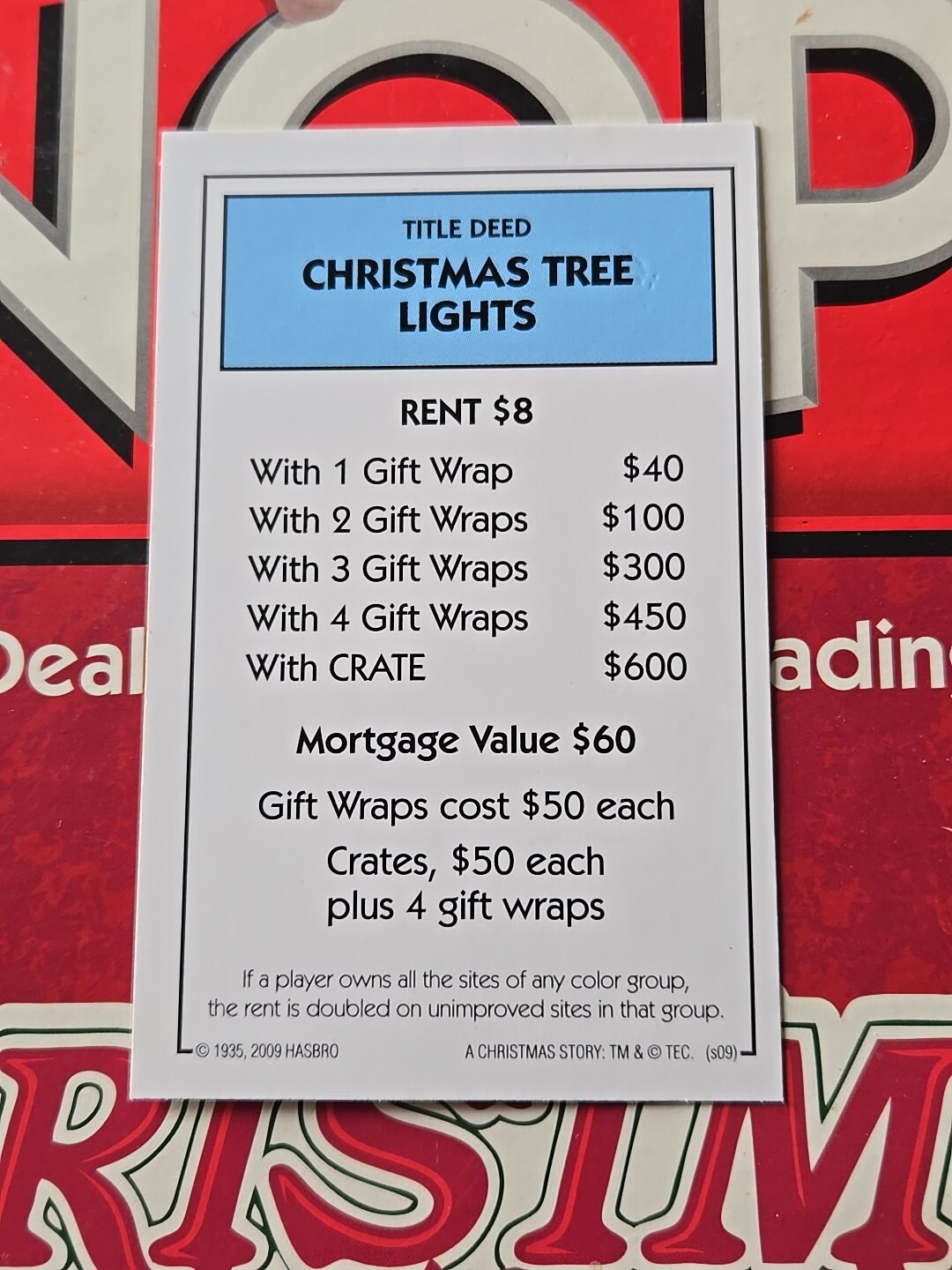 2009 Monopoly A Christmas Story Light Blue Tree Light Title Deed Card Game Piece