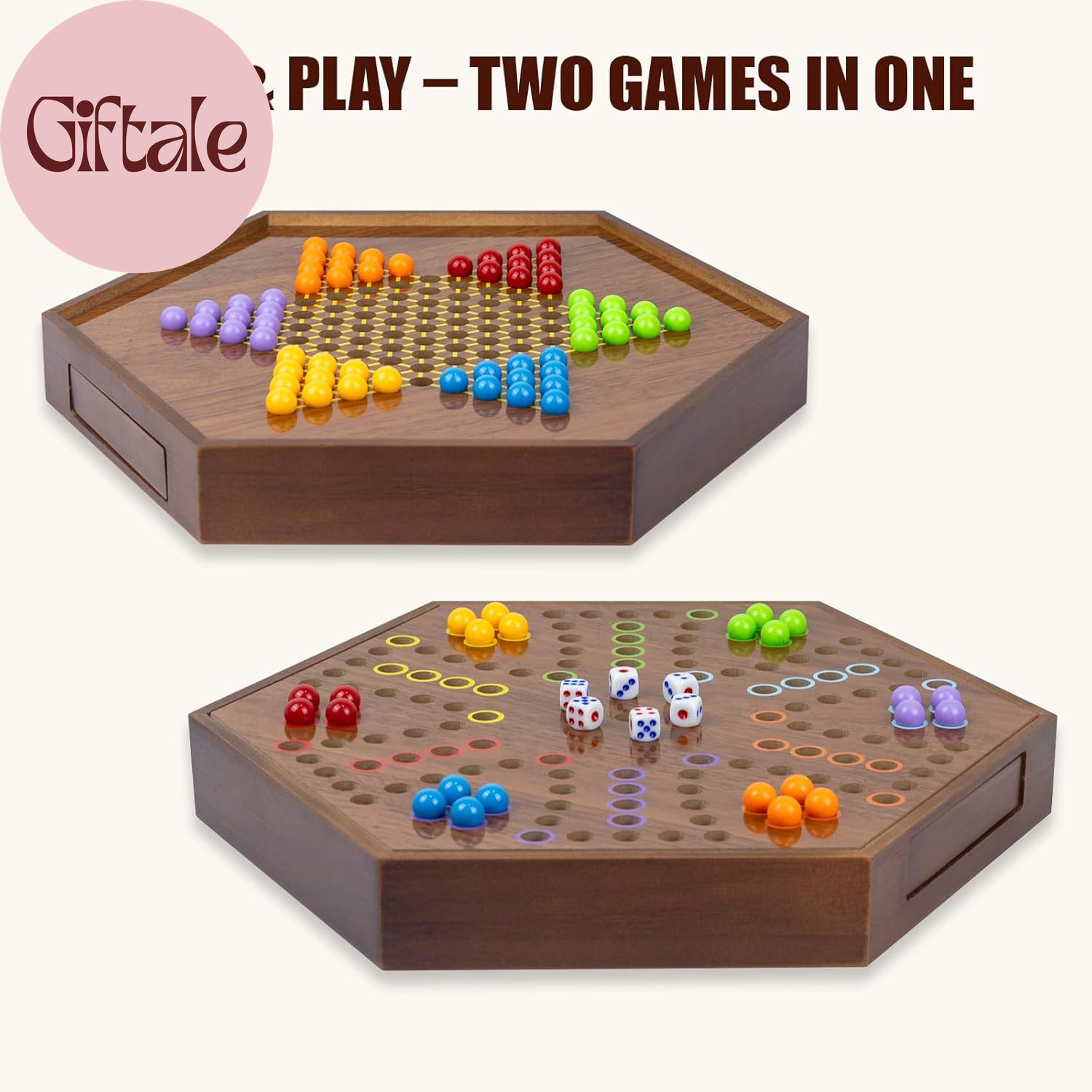 Chinese Checkers & Marble Board Game – 2-In-1 Double-Sided Wooden Board Game for