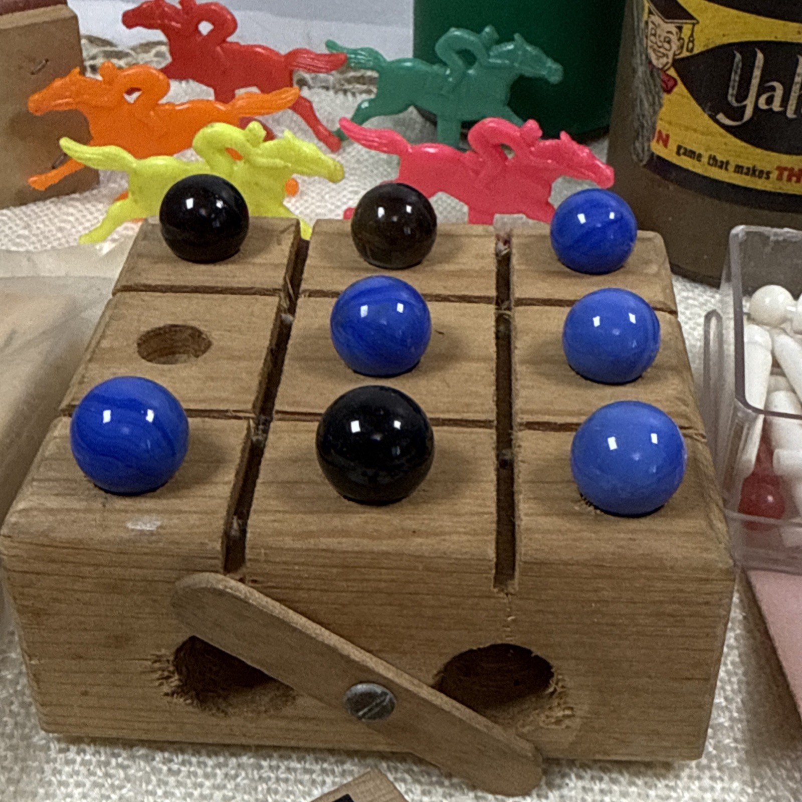 Vintage Wooden Small Game Lot Board Pieces Carrom Marble Football Jacks Yahtzee