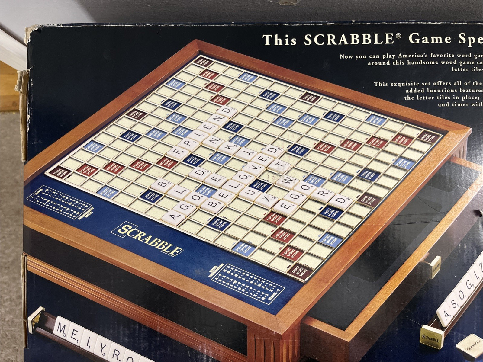 New Scrabble Luxury Edition with Wood Cabinet and Rotating Turntable Game Board