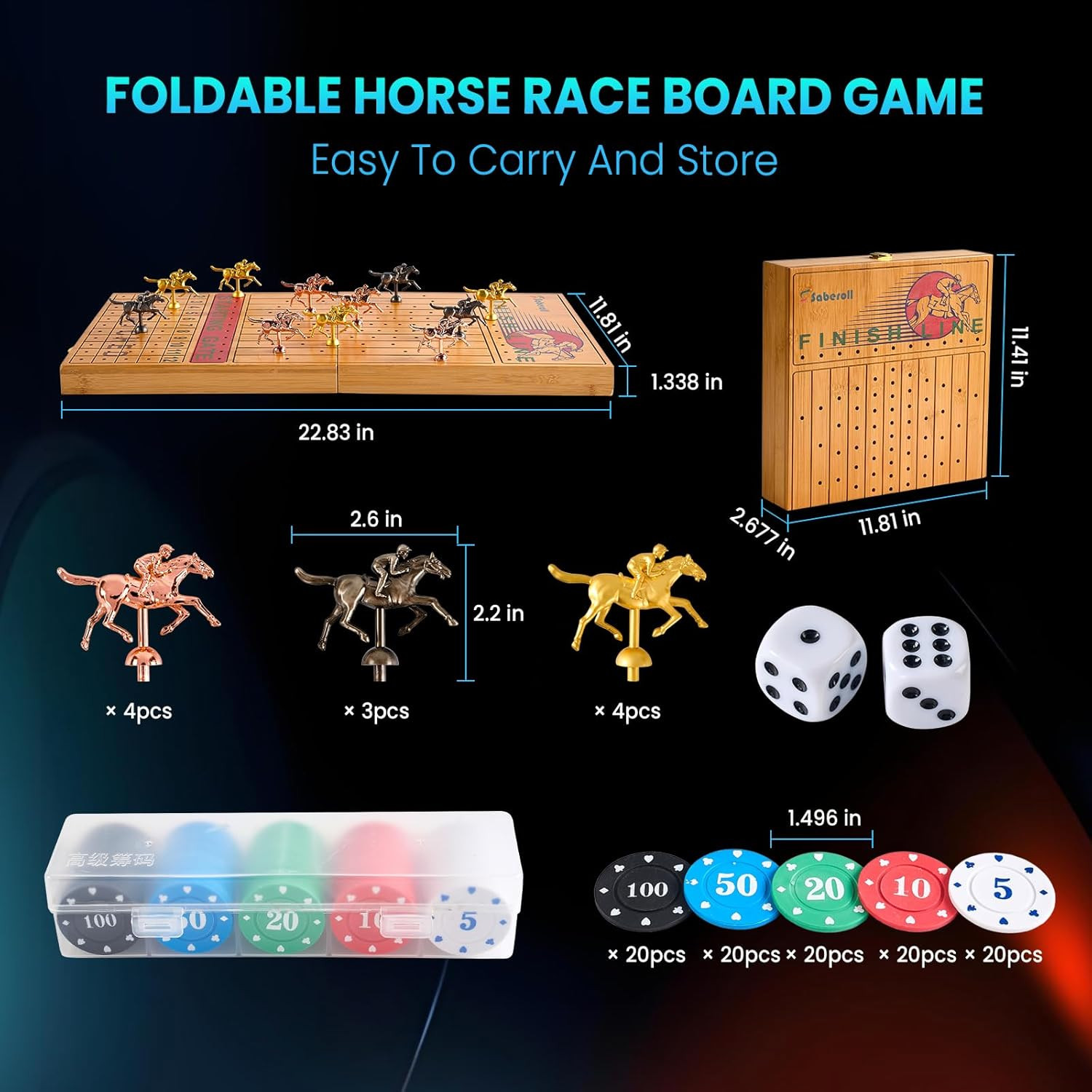 Large 23 Inches Bamboo Horse Racing Board Game Foldable Horse Race Board Game wi