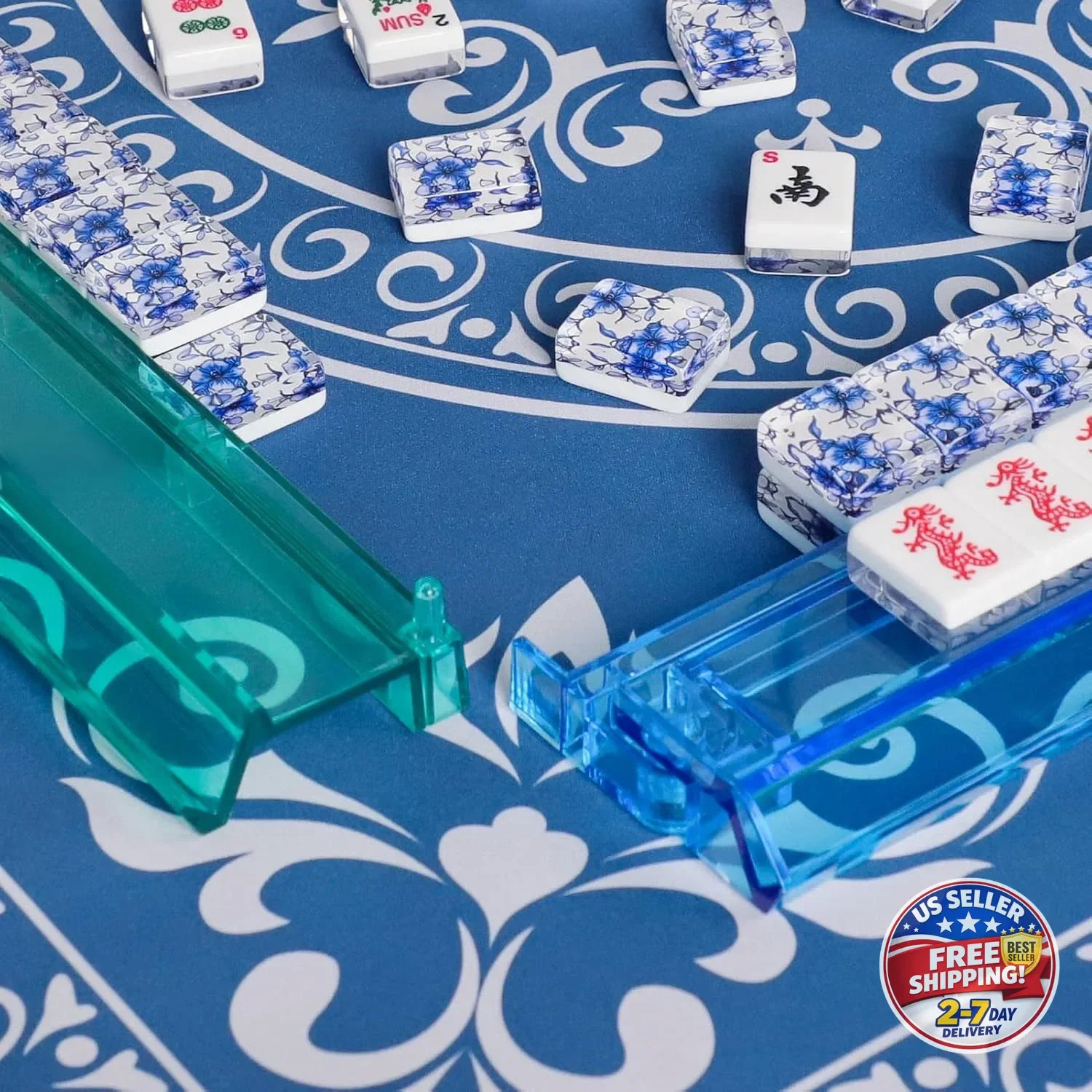 American Mahjong Set,166 Premium Acrylic Tiles with Blue Prints, 4 All-in-One Co