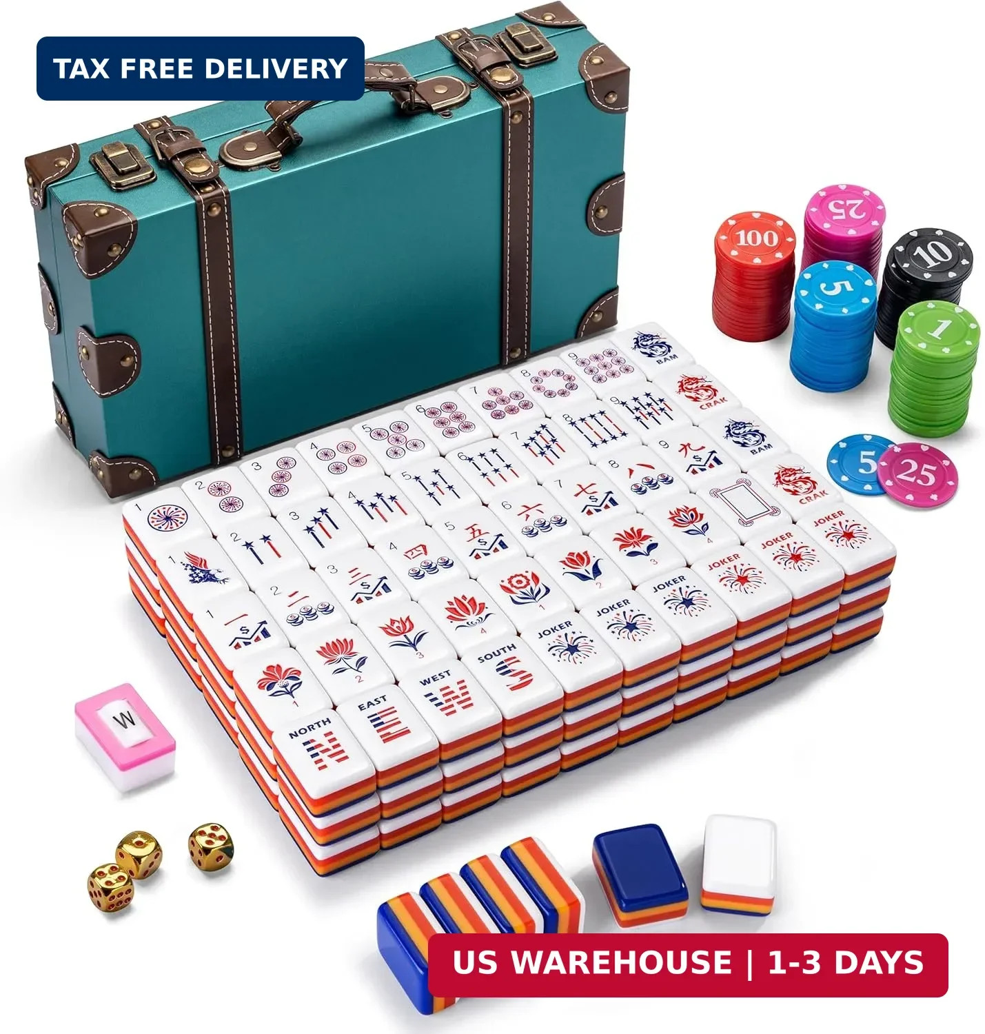 American Mahjong Set, 160 Pcs 4-Layer Colorful Acrylic USA Patriotic Tiles, Comp