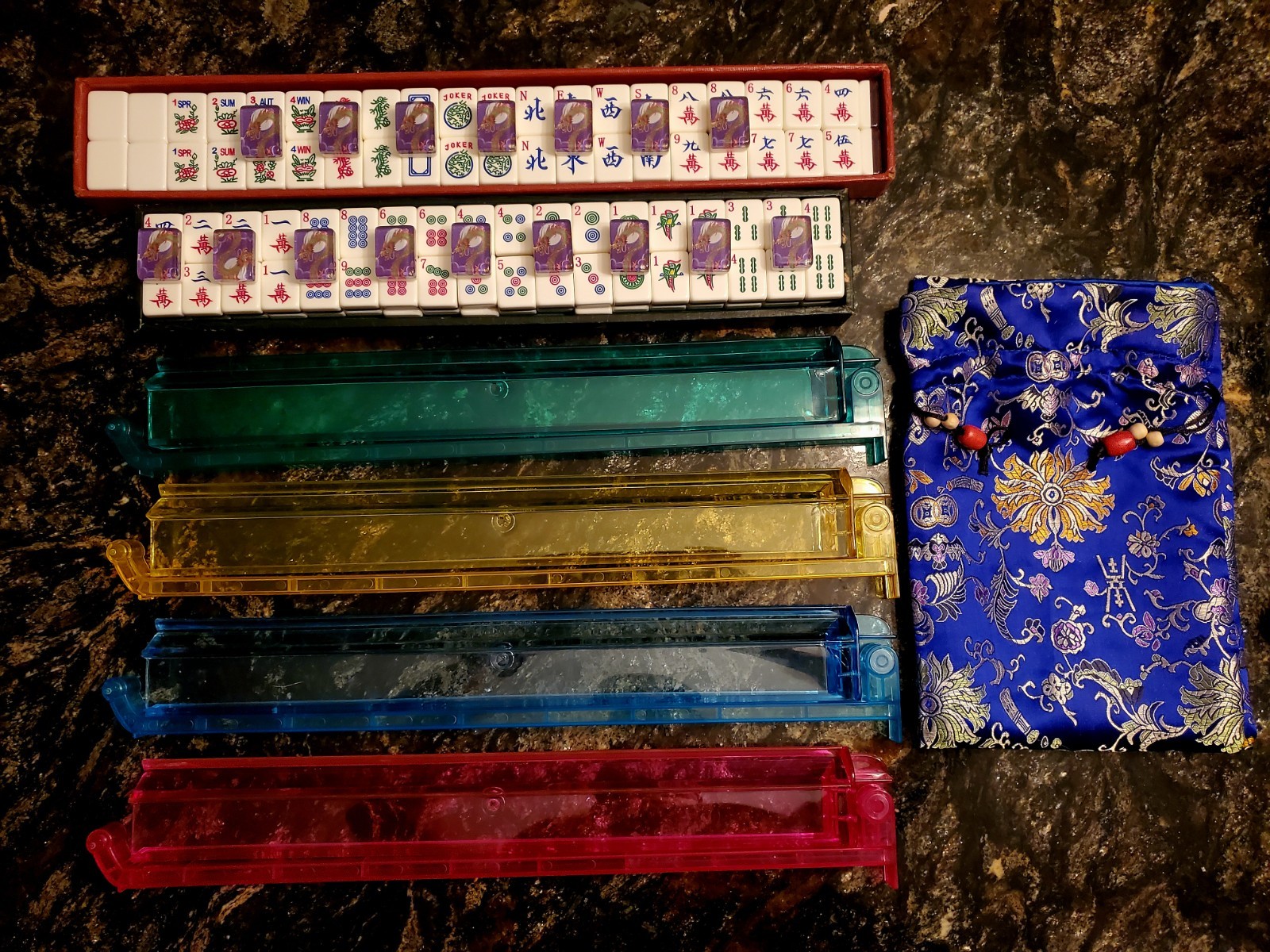 RARE Where the Wind Blows Mahjong Set 170 Floating Purple Dragon Tiles w/Racks