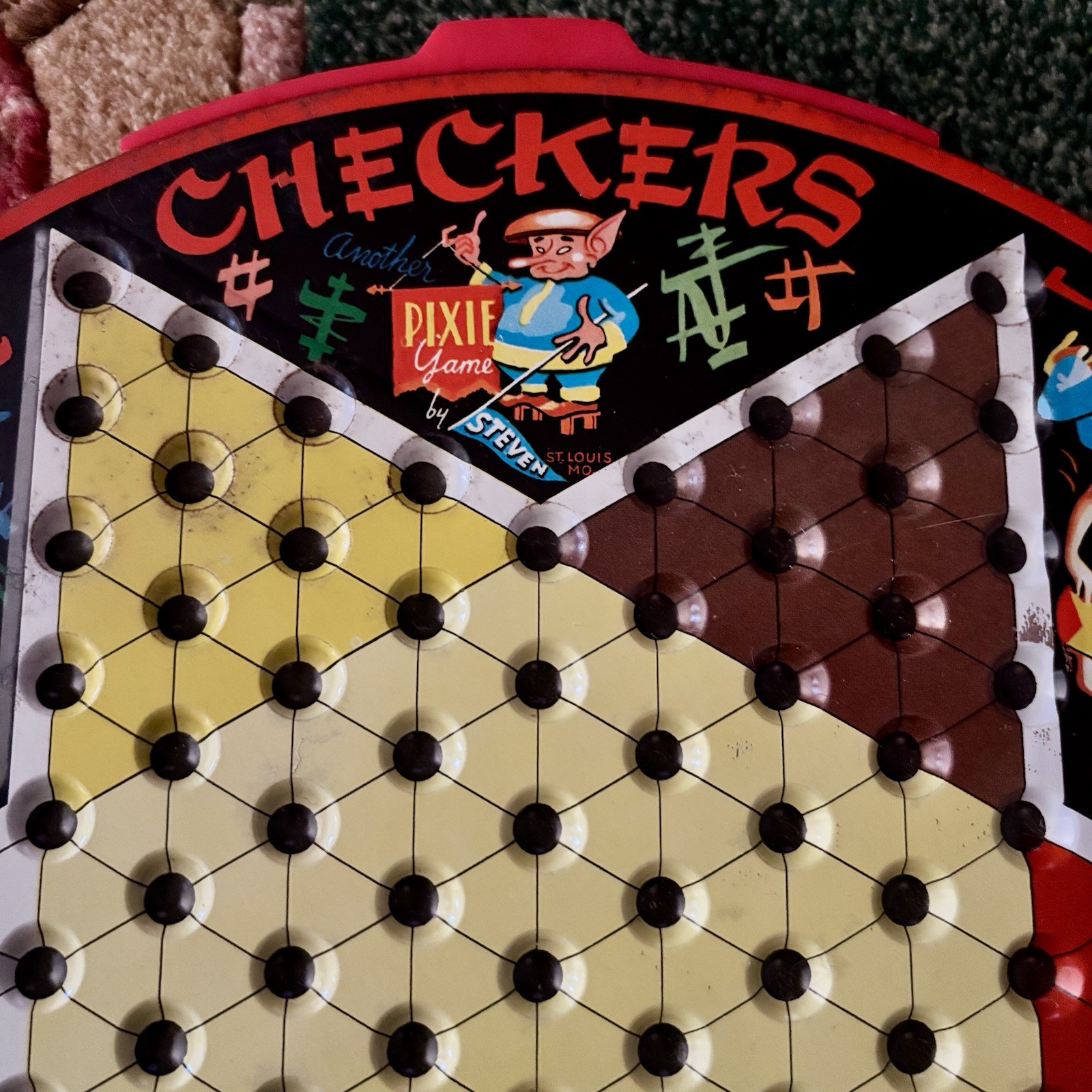 VTG Metal Tin Pixie Game Chinese Checkers Game Green Dragon w/Marbles Checkers