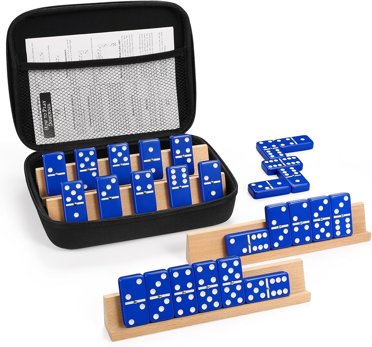 Dominoes Set for Adults with 4 Wooden Racks/Trays, Double Six Travel Portable Ca