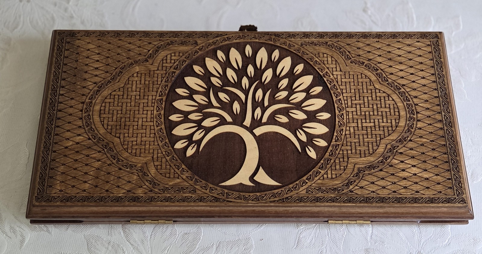 Carved Etched Wood Backgammon & Checkerboard Game Set Tree Of Life Compact