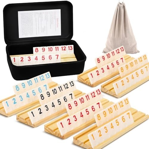 Rummy Game for 2-6 Players – 160 Melamine Tiles, Wooden Racks, Portable Case, Fu