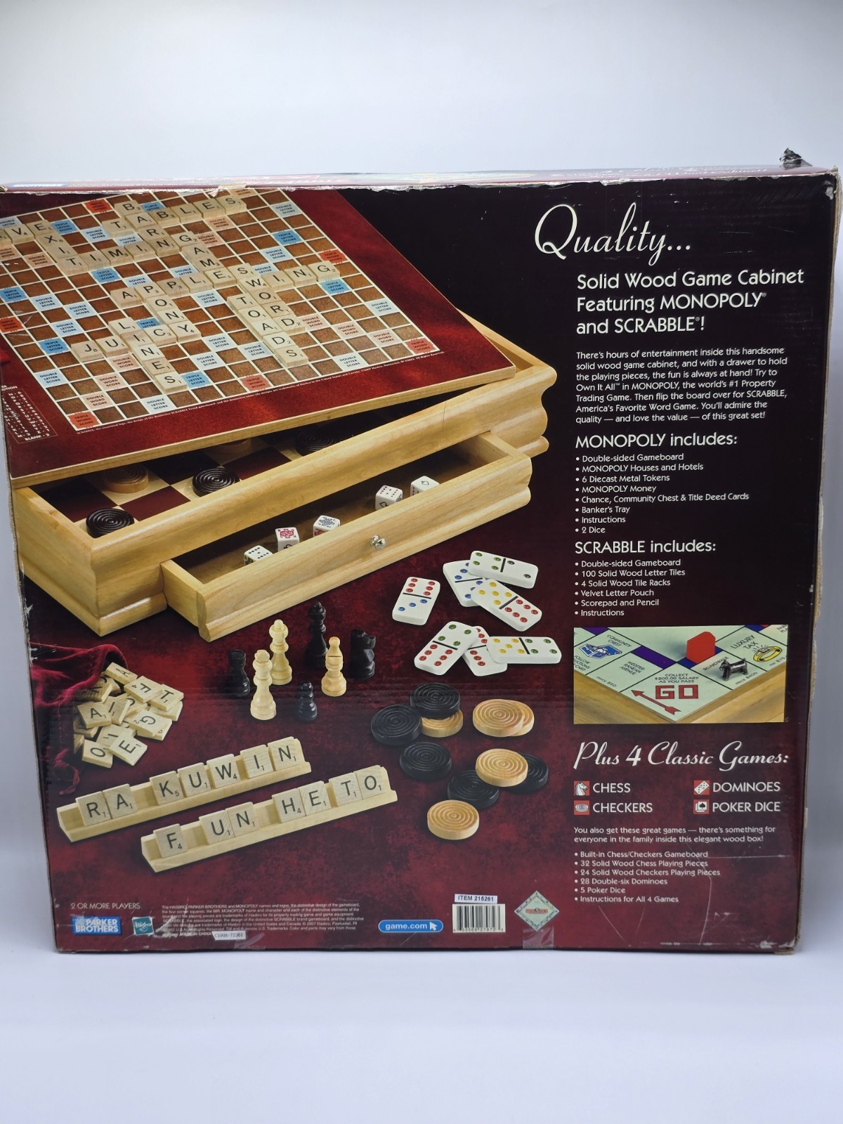 2007 Monopoly, Scrabble & 4 Classic Games Solid Wood Cabinet NEW IN BOX