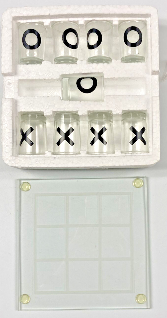Glass Tic-Tac-Toe Board and Shot Glass Pieces Game